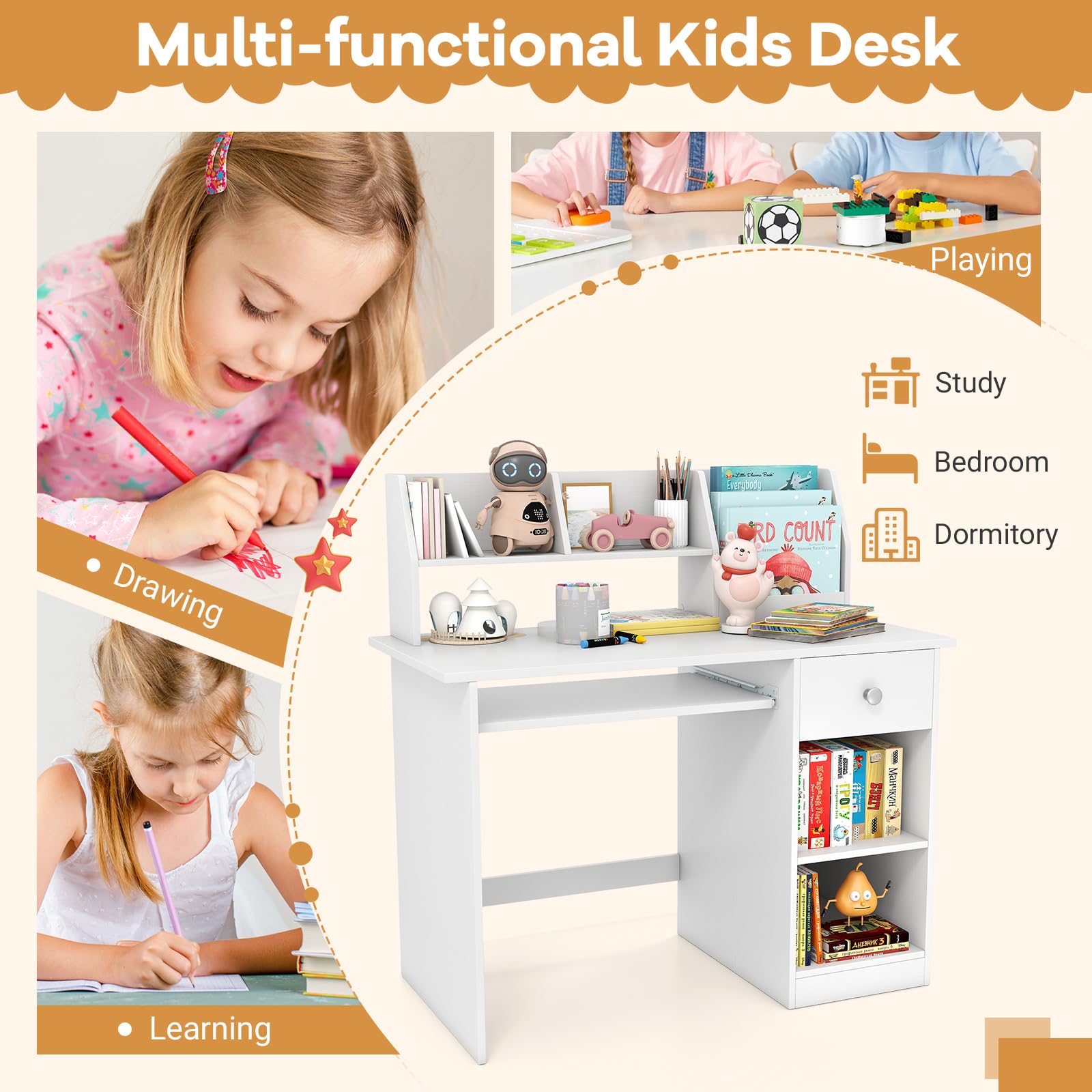 DREAMADE Schreibtisch Kinder mit Bücherregal & Schublade & Ablage & Tastaturablage, Jugendschreibtisch Schülerschreibtisch, Kinderschreibtisch aus Holz für Jungen und Mädchen, 90x45x90cm (Weiß)