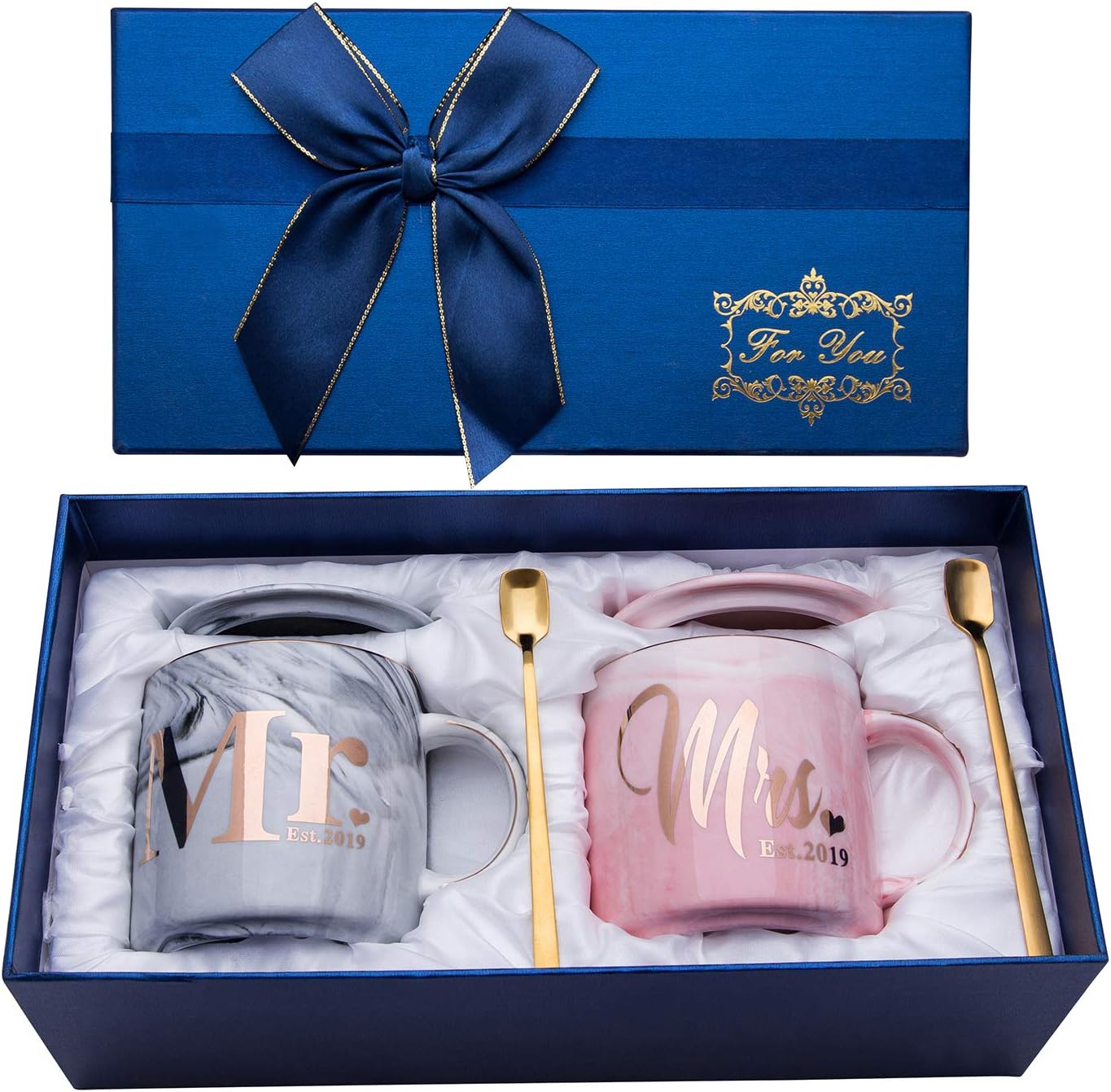 Luspan Mr Mrs EST 2019 Engagement Wedding and Bridal Shower Couples Gifts for Bride and Groom To Be - Ceramic Marble Coffee Cups 11.5 Oz