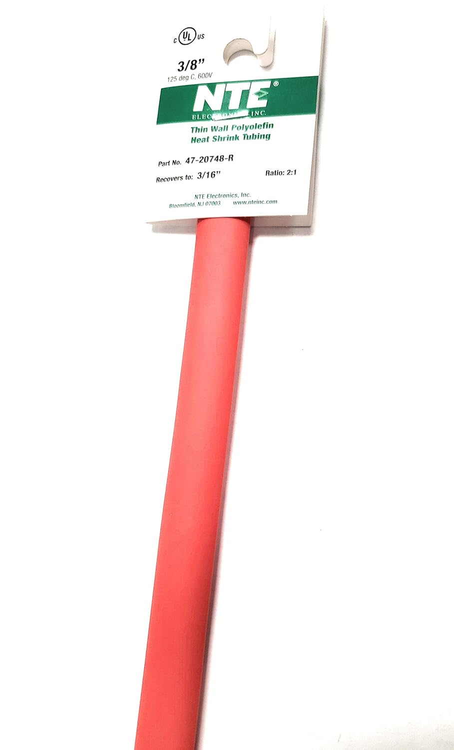 NTE Electronics 47-20748-R Heat Shrink Tubing, Thin Wall, 2:1 Shrink Ratio, 3/8" Diameter, 48" Length, Red
