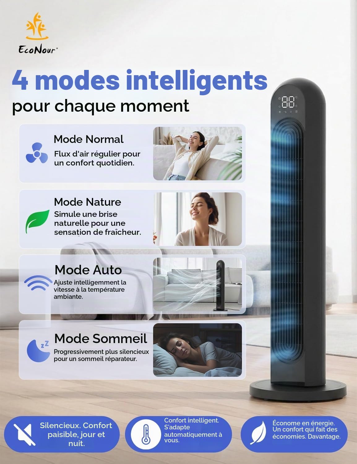 EcoNour Ventilateur Tour Intelligent 42" avec WiFi, Alexa et Télécommande