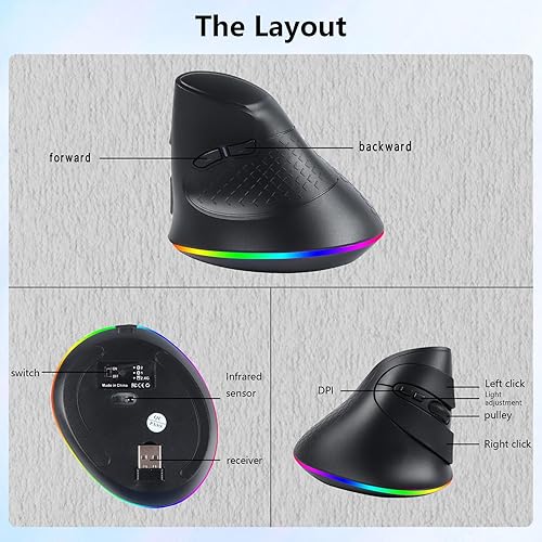 Miniatura 5 de SVJEFY Ratón inalámbrico, mouse ergonómico vertical 2.4G Bluetooth modo dual 3 DPI recargable conecta múltiples dispositivos, mouse vertical 6