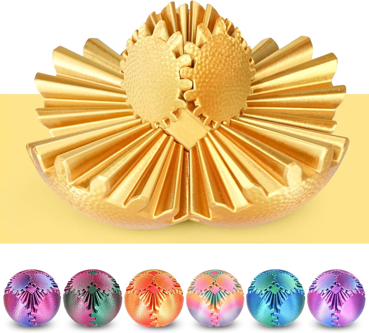 Gear Ball Fidget Toys - Steampunk Gear Sphere Stress Relief for Kids & Adults, 3D Printed Unique Funny Gift for Christmas, White Elephant, Stocking Stuffer (Shimmering Gold)