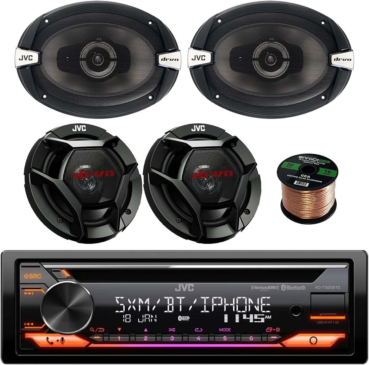 JVC KD-T920BTS Receptor Bluetooth estéreo DIN AM/FM USB AUX CD, 6 x 9 500 W, altavoces coaxiales de 3 vías para coche (par), altavoces de audio de 2 vías de 6,5" 300 W (par), cable de altavoz de calibre 16 de 50 pies