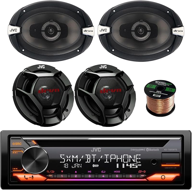 JVC KD-T920BTS Receptor Bluetooth estéreo DIN AM/FM USB AUX CD, 6 x 9 500 W, parlantes coaxiales de 3 vías para auto (par), parlantes de audio de 2 vías de 6,5" 300 W (par), cable de parlante de calibre 16 de 50 pies