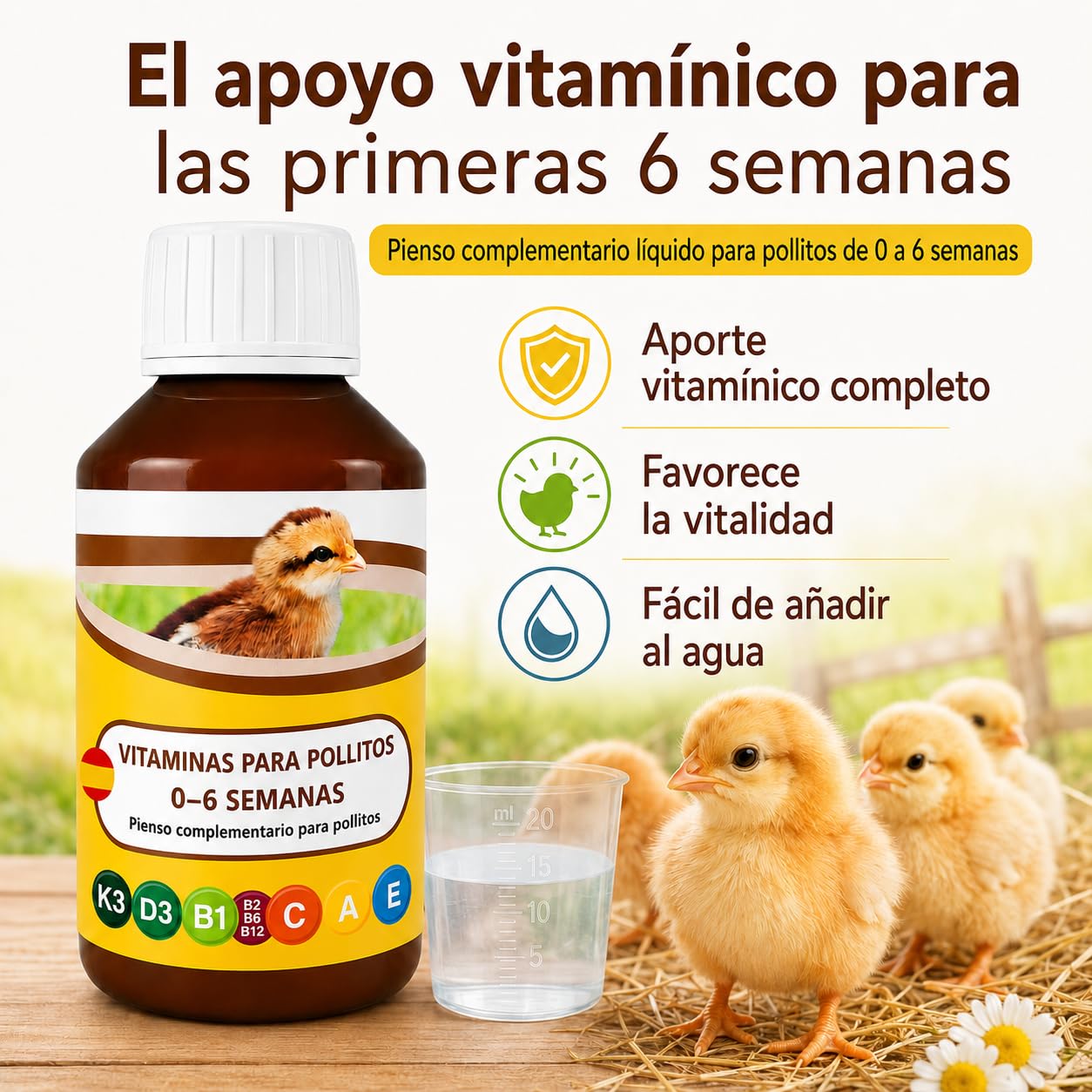 ANI’Nat Multivitaminas para Pollitos 250 ml – Pienso Complementario Líquido para Pollitos 0–6 Semanas – Vitaminas, Betaína y Aminoácidos – para Inicio, Crecimiento y Vitalidad – para Diluir en el Agua