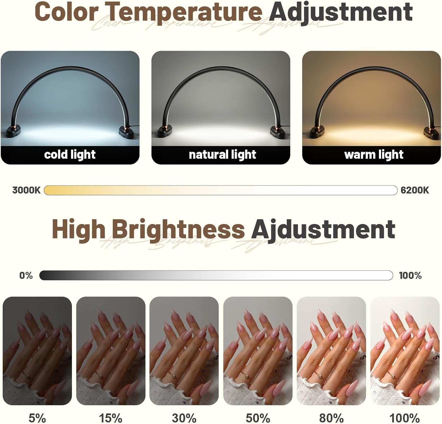 BZJ 16 inch Half Moon Light for Nail Desk Portable Nail Light with Liftable Base Desk Lamp No Flicker & Shadow for Desk Salon Table Use, 3 Color Temperature