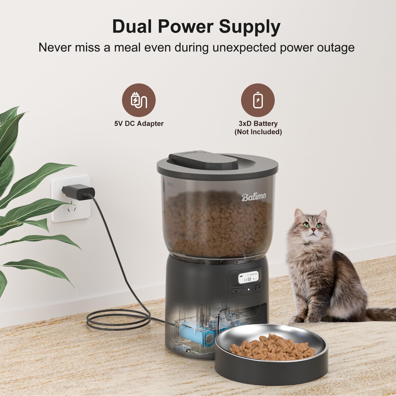 Balimo Distributore Automatico Cibo Gatti, 3L Dispenser Crocchette Gatto, Distributore Cibo Gatticon Timer Programmabile, 1-6 Pasti al Giorno, Adatto Per Cani e Gatti, Nero