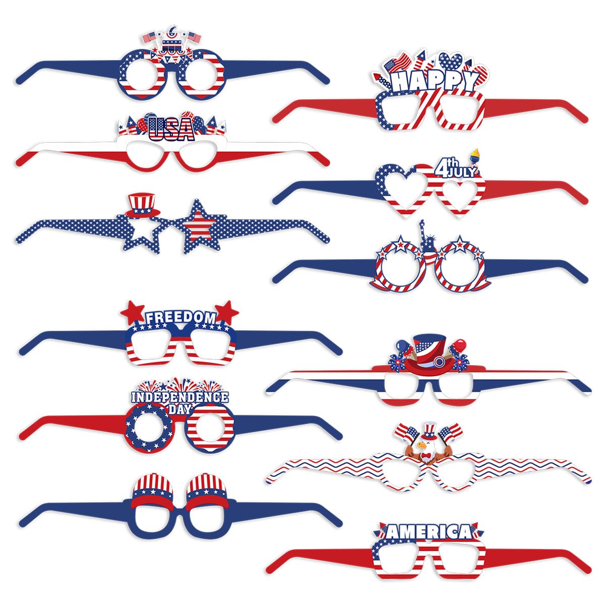 12pcs 4th of July Paper Glasses American Flag Eyeglasses Red Blue White Eyewear Independence Day Photo Props Glasses for Kids Adults Patriotic Party Supplies