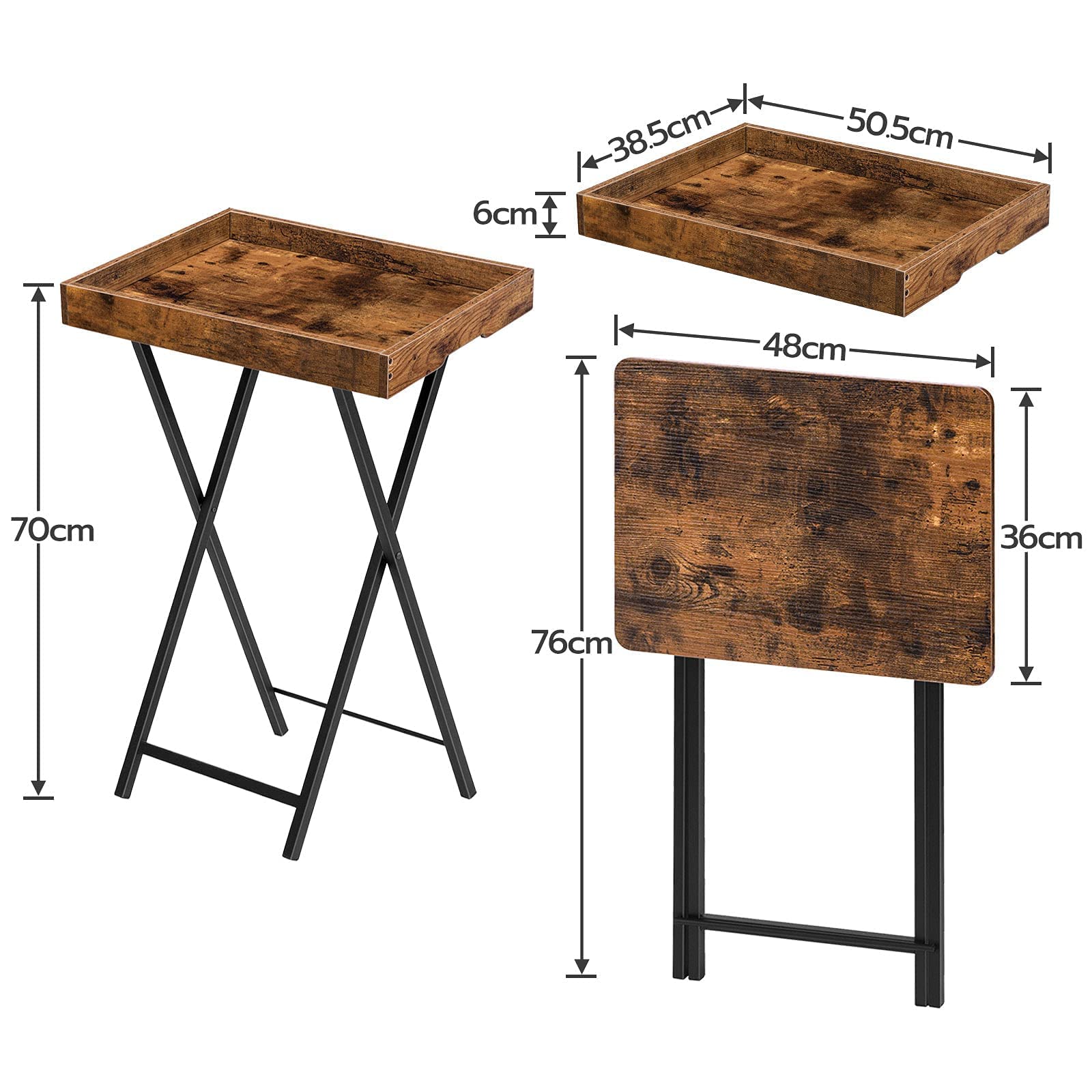 HOOBRO Tavolino con Vassoio, Tavolino da Divano Pieghevole con Vassoio in Legno Rimovibile, Struttura in Acciaio, Tavolino da Caffè, Stile Industriale Vintage,Marrone Vintage EBF29BZ01