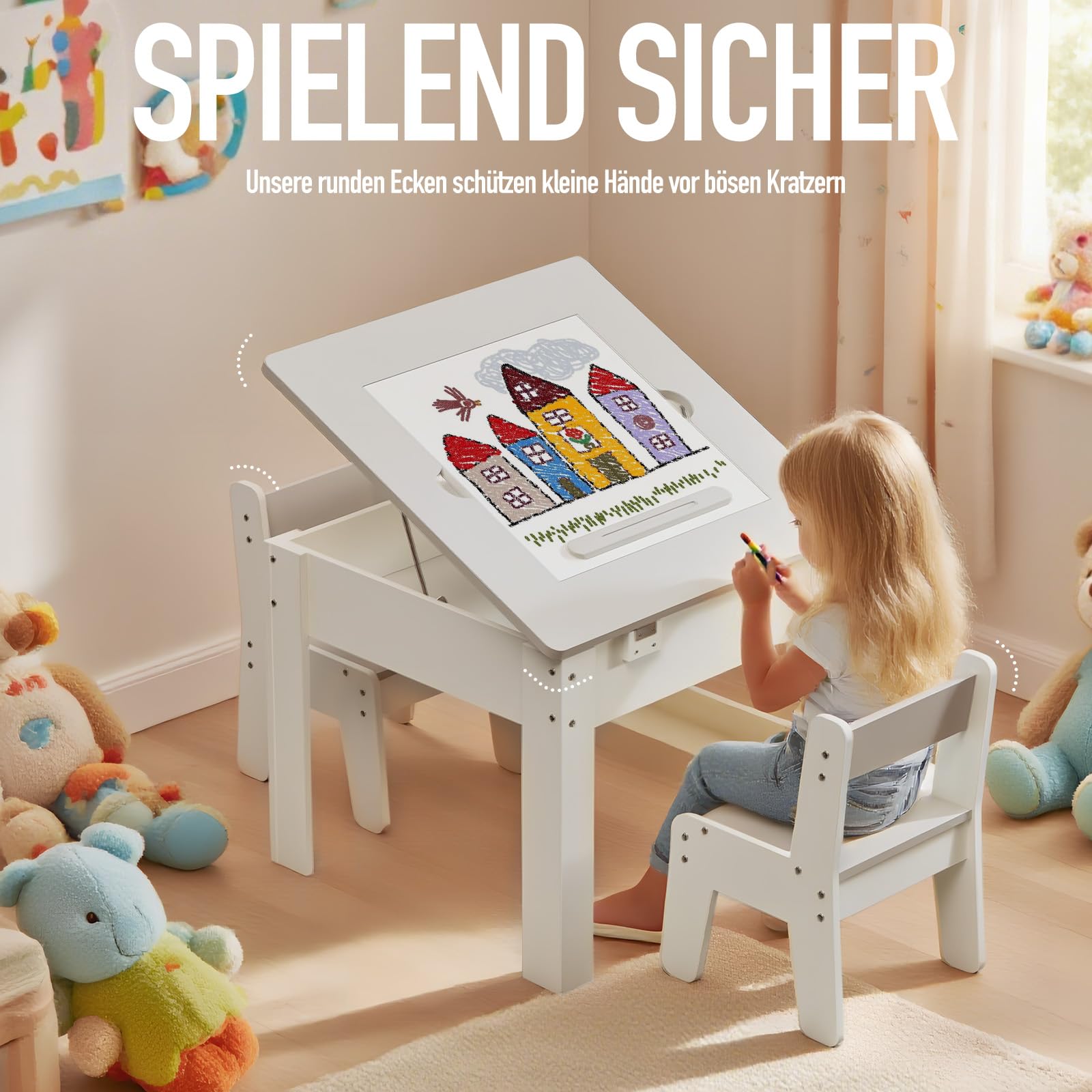 kindertisch mit 2 stühlen,Multifunktion Spielen Malen Lesen, 4 Wechselplatten, verstellbar & kippsicher, Stauraum, stabil bis 60kg, sicher ab 3 Jahre