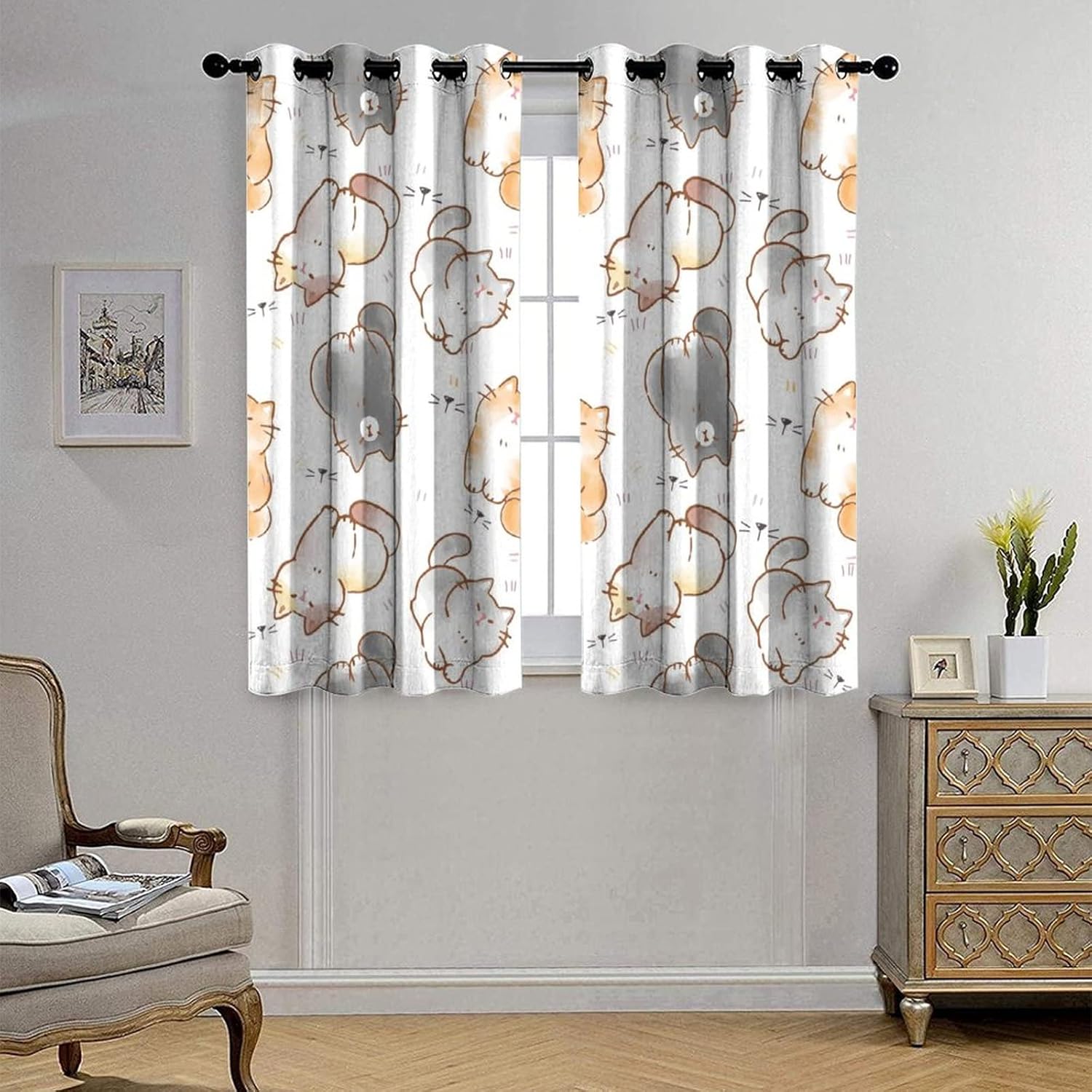 Watercolor Cat Lover Curtains - Cartoon Cute Cat Window Drapes Room Darkening Blackout Curtains Thermal Insulated Grommet Curtains for Bedroom 2 Panels 63L x 31.5W