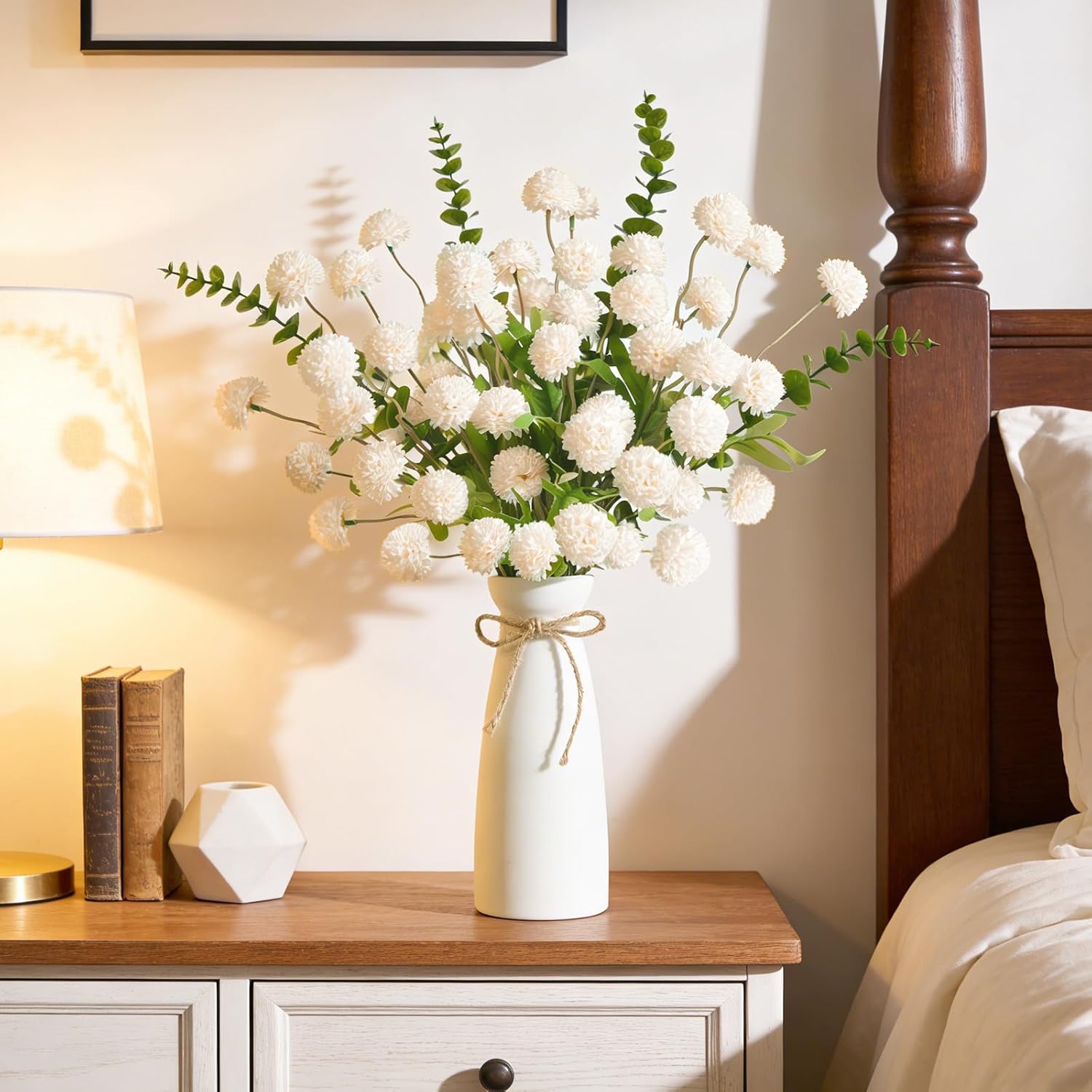 12pcs Champagne Artificial Flowers with White Ceramic Vase Included,Faux Flowers for Vase,Table Centerpieces for Dining Room Eucalyptus Faux Kiku Mums Silk Flowers Floral Arrangements Home Decor