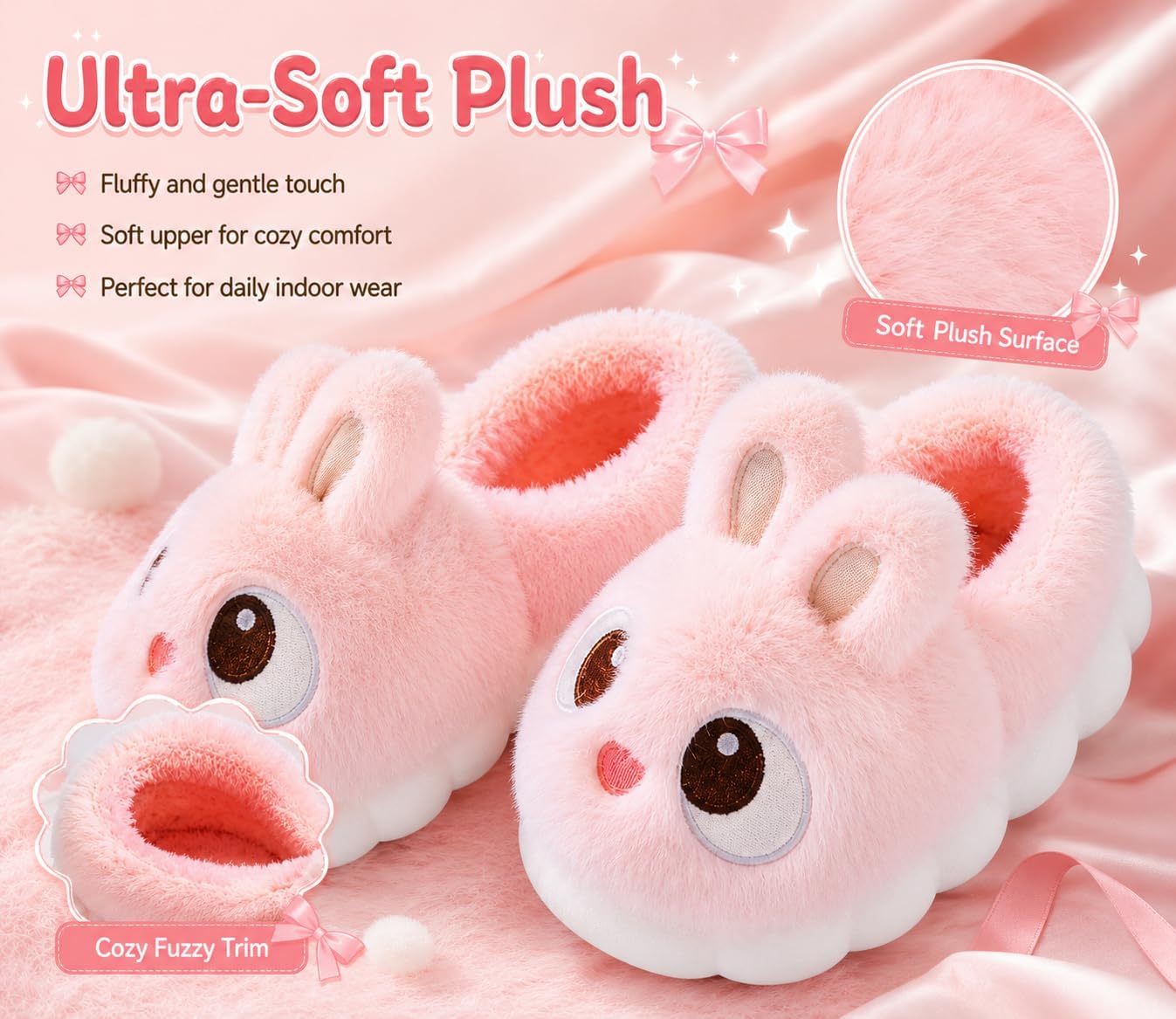 Cute Bunny Kids Slippers - Fuzzy Plush Warm House Slippers for Girls Boys, Non-Slip Soft Indoor Slippers with Cartoon Rabbit Design, Cozy Fluffy Winter Slippers for Toddlers/Little Kids/Big Kids