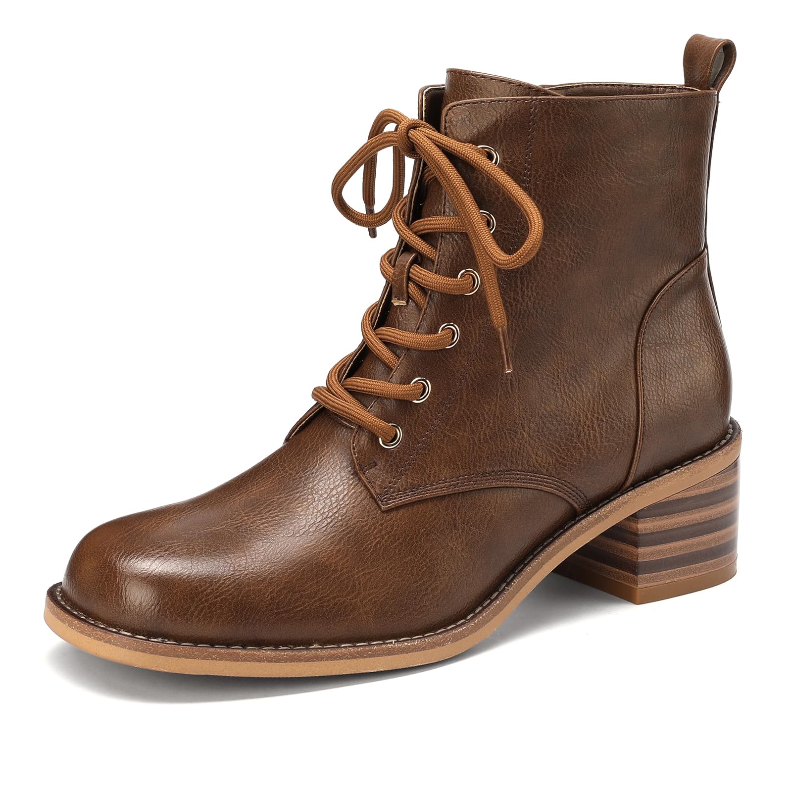 TDD Lace Up Boots for Womens Black Combat Block Chunky Round Toe 1 5 inch Low Heels Chelsea