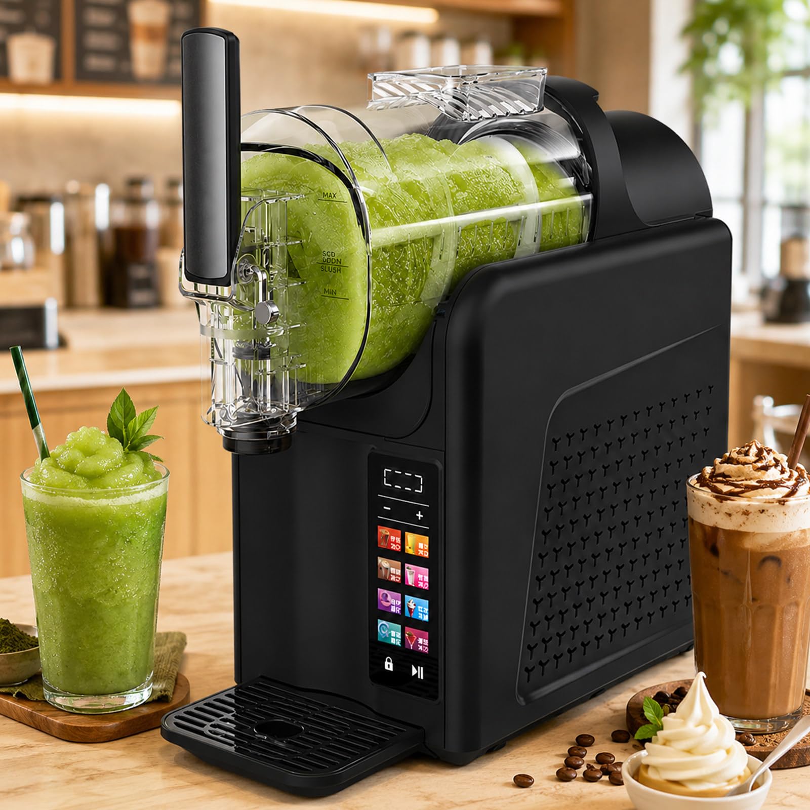 lilishangmao 2L Single Bowl Slush Machine with Smart Touch Panel – 7 Presets, Countertop Iced Drink Maker for Milkshakes, Slushies, Soft Ice Cream, Sorbets, Iced Coffee, No Ice Required, 185W Black