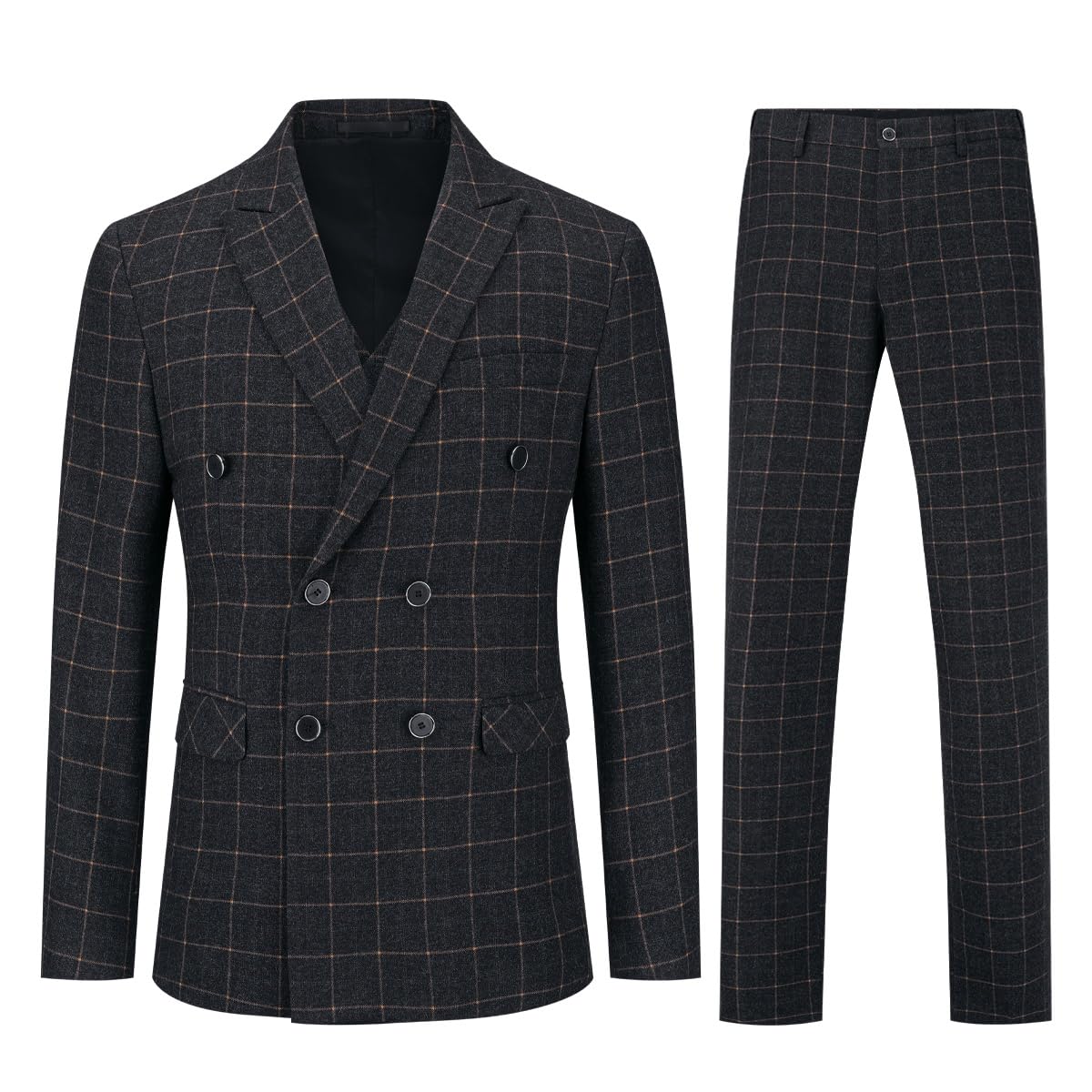 Mens Blue Slim Fit 3 Piece Checked Suits Double Breasted Vintage Fashion