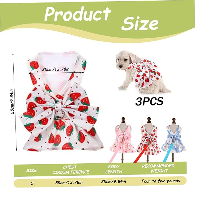 Foto 2 de 6 de 3 Piezas Vestidos para Perros con arneses Lindo Lazo Colorido Perros pequeños Vestido de Princesa…