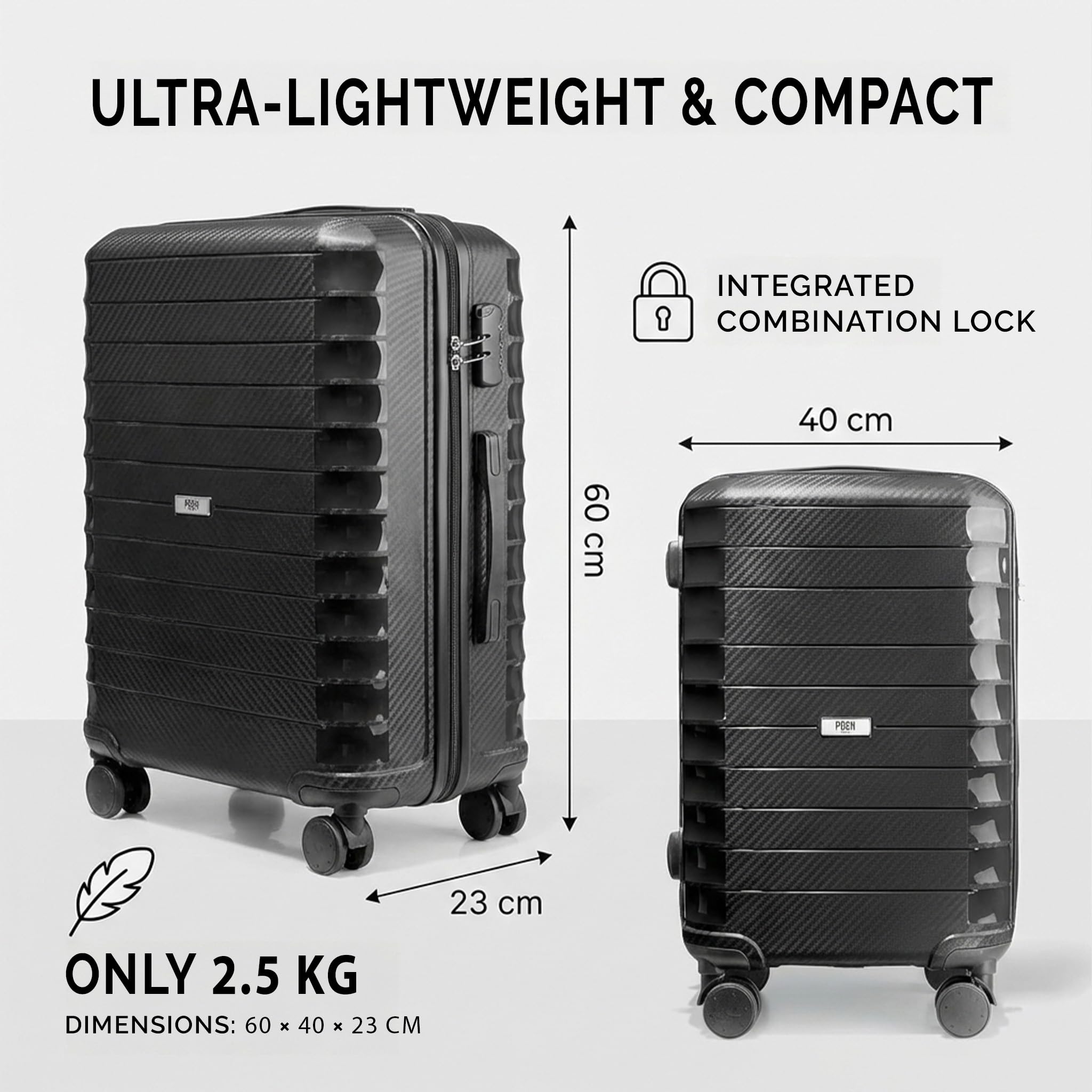 POSH Valigia rigida M in polipropilene - Trolley leggero da cabina 2,5 kg con effetto carbonio - Bagagli robusta con 4 doppie ruote – Capacità 40 litri, resistente ai graffi - 60x40x23 cm