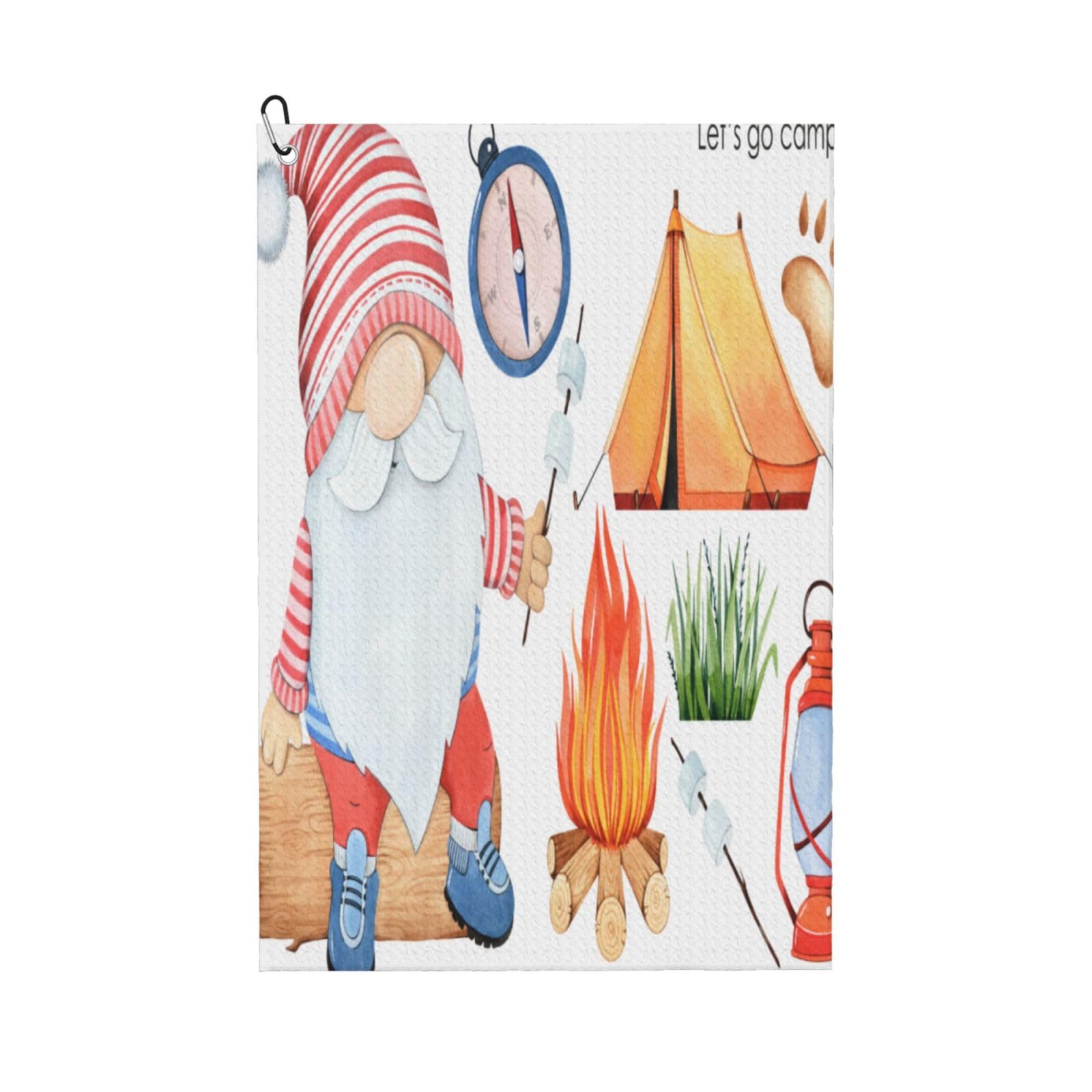 AOOEDM Gnome Camping Print Golf Towel with Carabiner Clip Absorbent Microfiber Golf Towel for Cleaning Golf Ball Club Putter Iron for Golf Bag Trolly Belt Loop 16" X 24"
