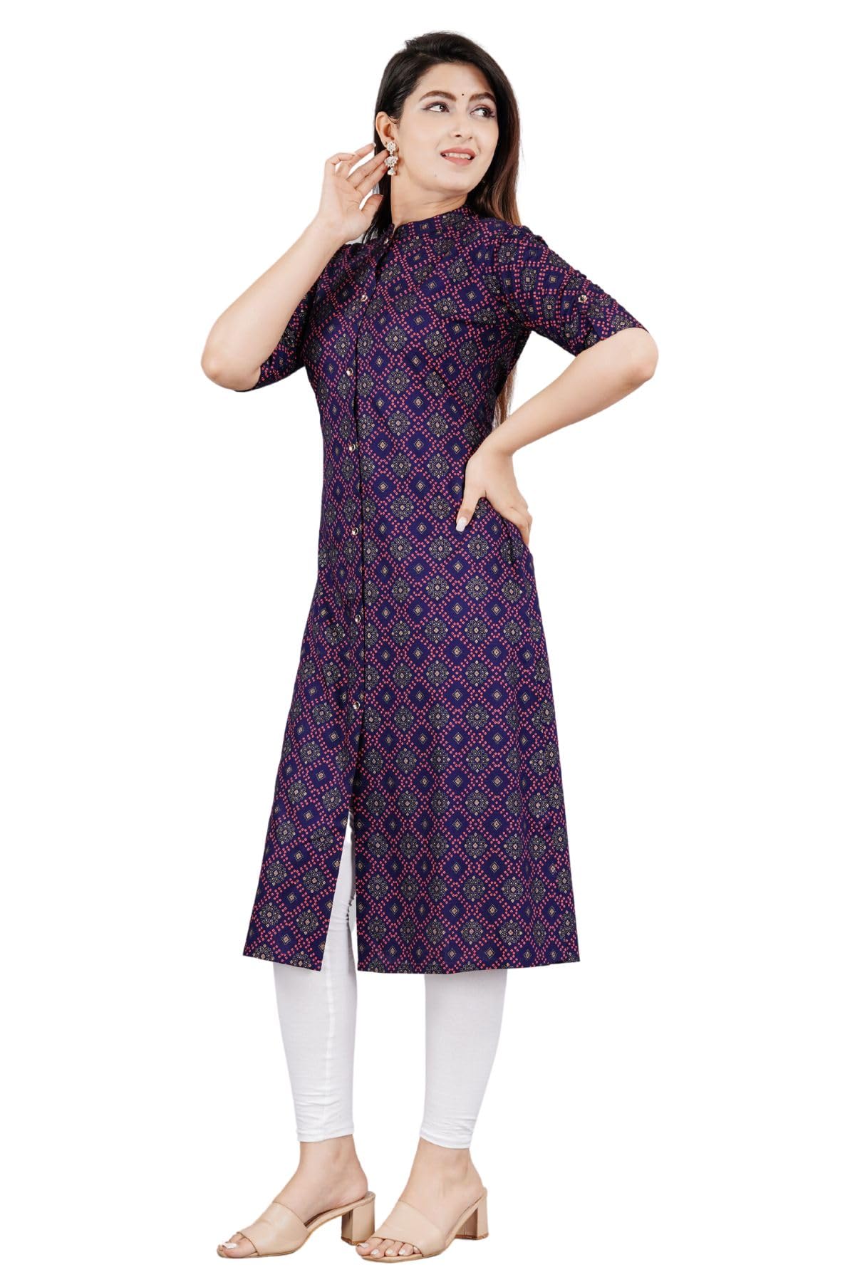 Mintmarie Women's Rayon Flax A-Line Kurti with Mandarin Collar, Printed Calf Length Elbow Sleeve Tunic for Formal & Casual Wear
