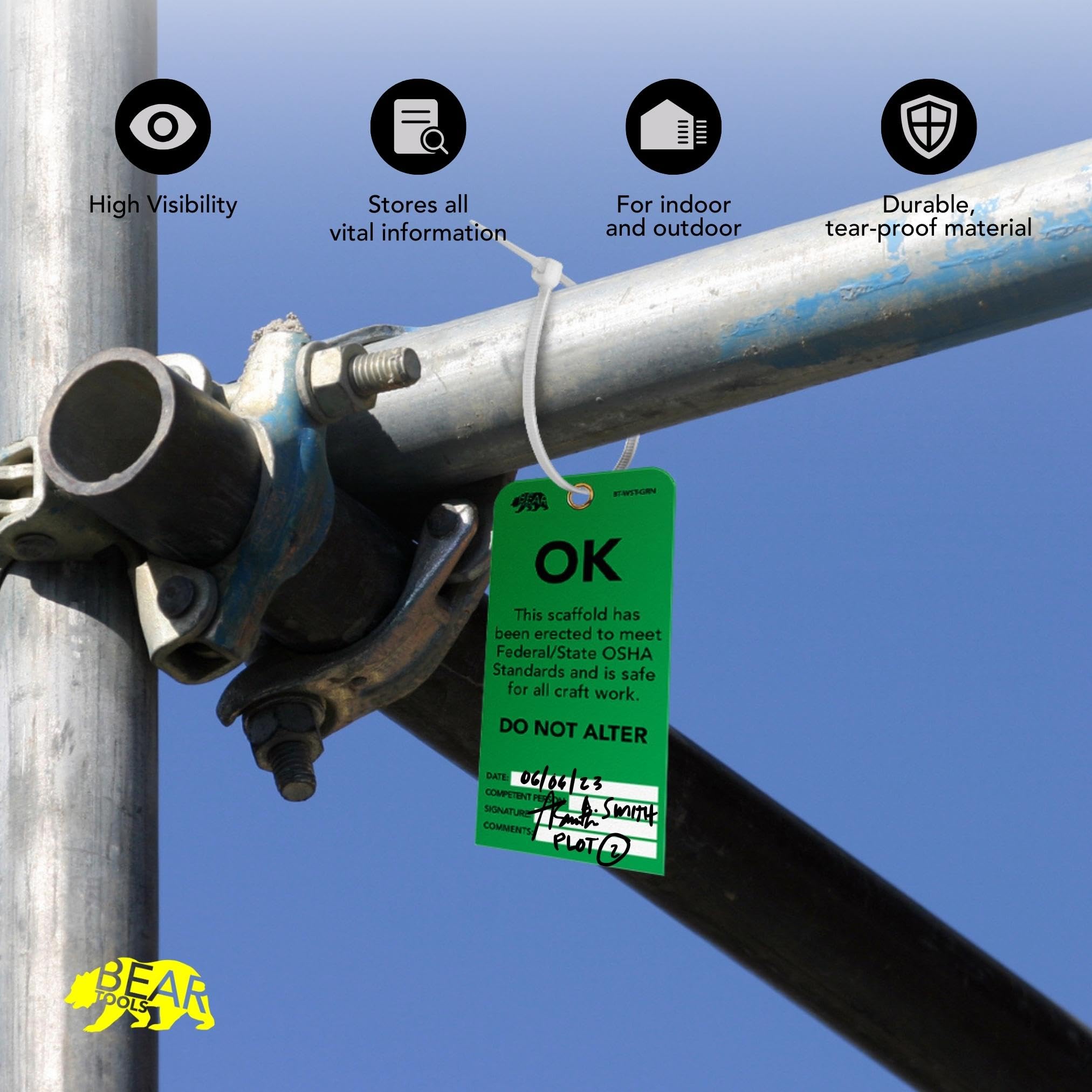 BearTOOLS Scaffold Tags - Safety Inspection Kit with Cable Ties - OK Scaffold Status Warning Sign - Laminated 3 x 6 in, Pack of 25 - Weatherproof, Tear-Resistant - Green Tags — Amazon image 4