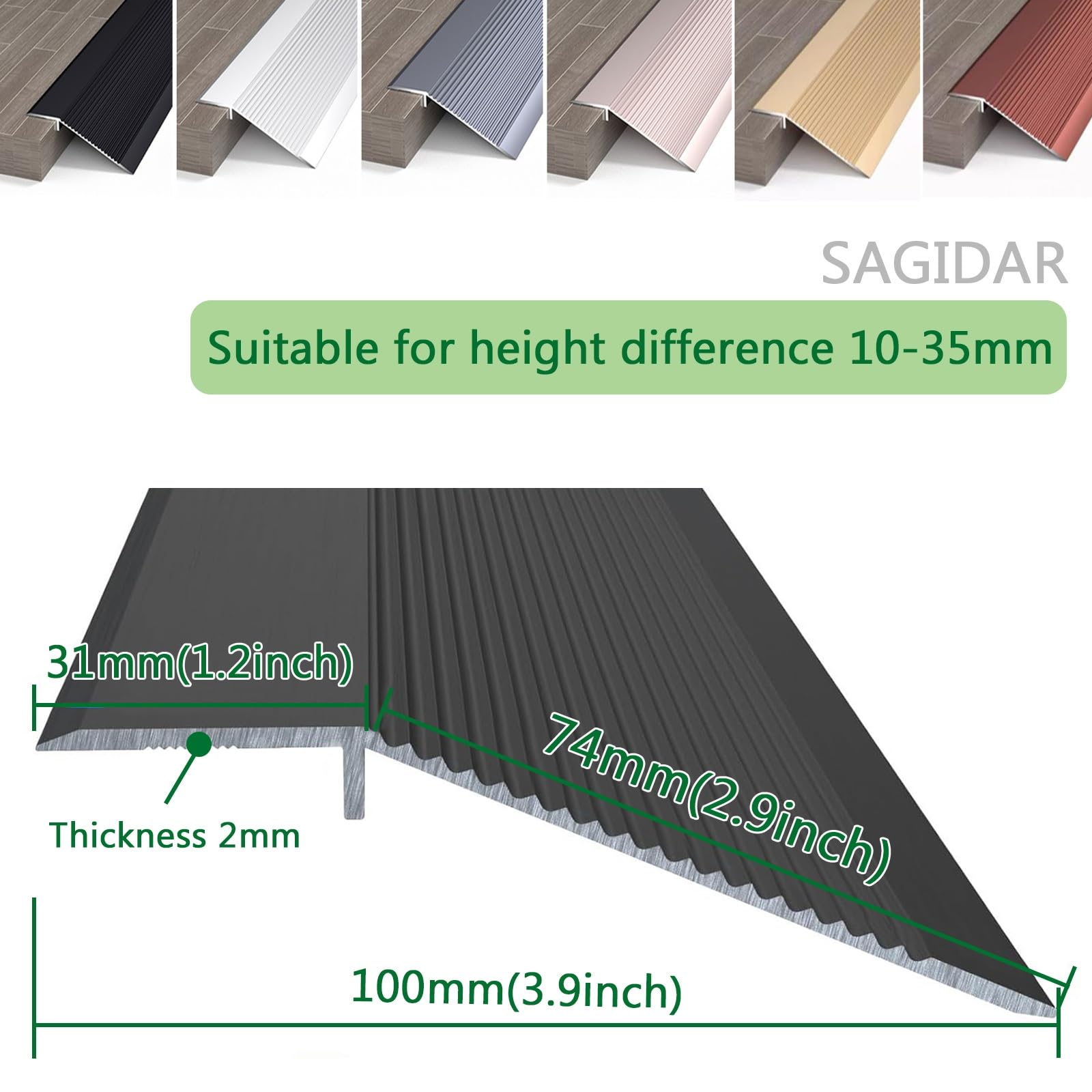 SAGIDAR Barre De Seuil Multiniveau, Bandes De Transition De Seuil, Seuil De Porte Barre, Rail De Transition en Aluminium, Robuste Et Durable, Baguette Recouvrement Large 10cm, Facile À Couper