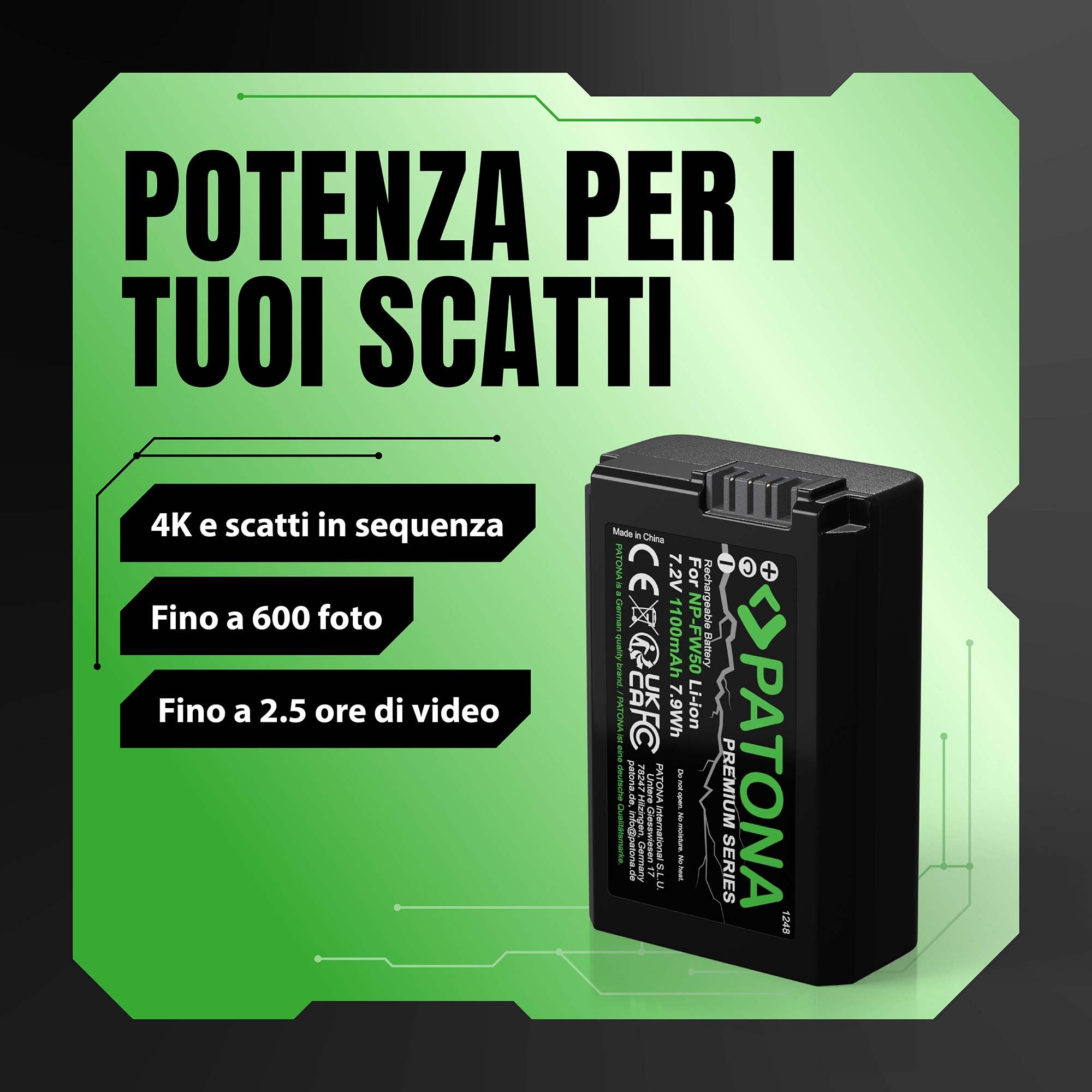 PATONA PREMIUM Batteria NP-FW50 1100mAh / 7,2V / 7,9Wh compatibile con Sony Alpha 7 A7 A7S A7R A7II A6000 A6300 A6400 A6500 RX1R III DSC-RX1RM3 DSC RX10 Mark II III IV NEX-3 NEX-5 NEX-6 NPFW50