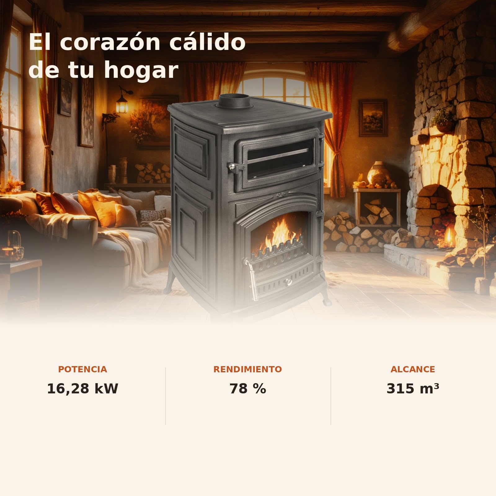 EIDER BIOMASA Estufa Leña ANTARES IRON con Horno – 16,28 kW – Fundición Completa – Horno 16×29×41 cm – Hasta 315 m³ – 91×59×61 cm – Clase A