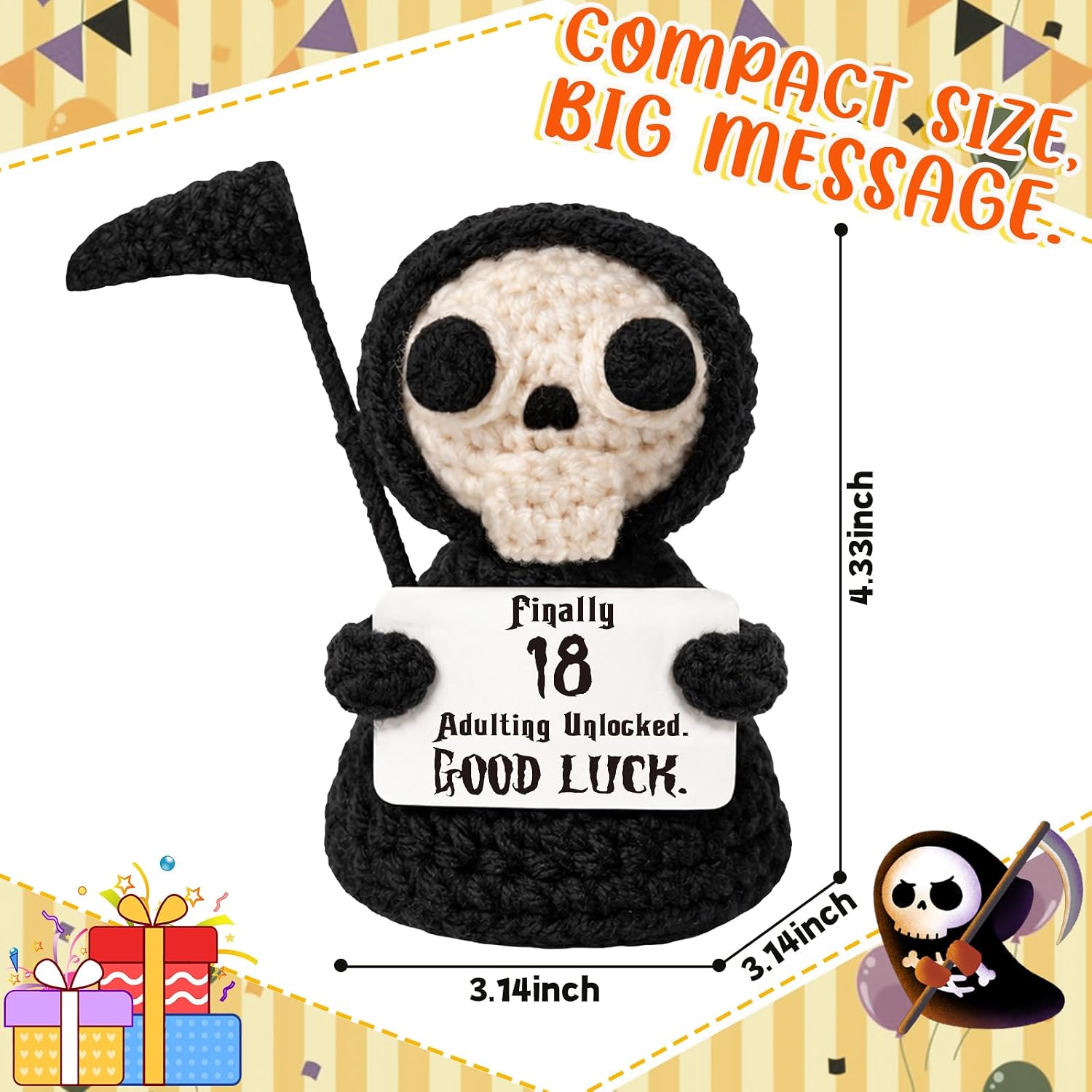 Unique 18th Birthday Gifts for Women Men - Mini Handmade Crochet Grim Reaper - Adulting Funny 18 Year Old Milestone Gag Gifts for Him Her - Handmade Crochet Desk Decor