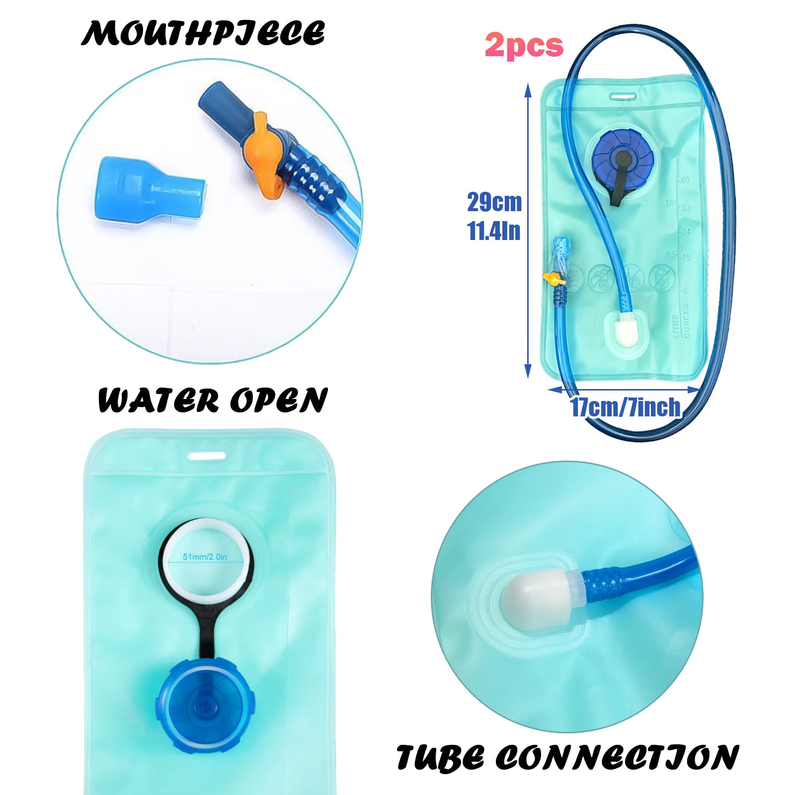 DKDDSSS 2 Pezzi Sacca Idrica 1L, Sacca Acqua per Zaino, Sacca Idratazione Portatile, Sacca Idrica con Apertura Larga, Sacca Idrica a Prova di Perdite, Sacca Acqua Trekking per Ciclismo e Campeggio