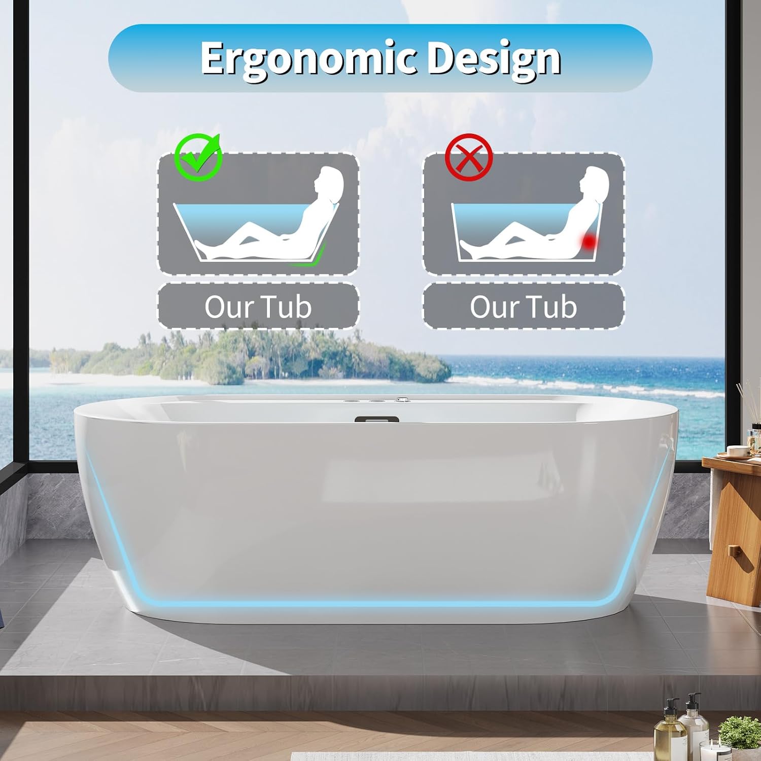 Acrylic Freestanding Bathtub, 71-Inch White Soaking Tub with Air Bubble Jets, Manual Control, Modern Stand-Alone Design for Bathroom
