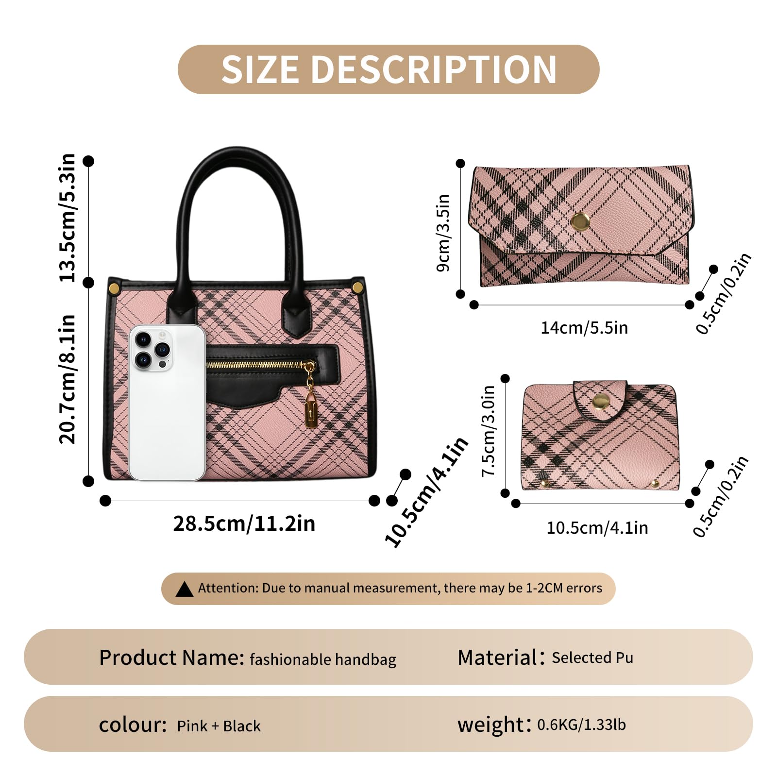 Monederos y bolsos para mujer, 3 unidades, de piel sintética, con asa superior