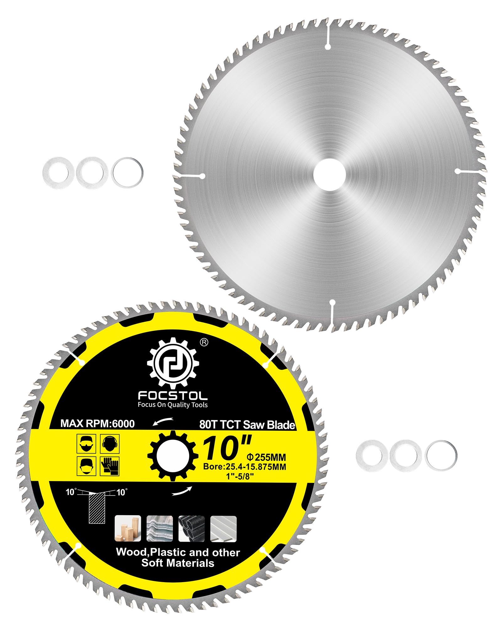FOCSTOL Wood Cutting Circular Saw Blade 255mm - 2pcs 80 Teeth TCT Cutting Blade for Wood, Plywood, Particle Board, Plastics and Other Soft Materials