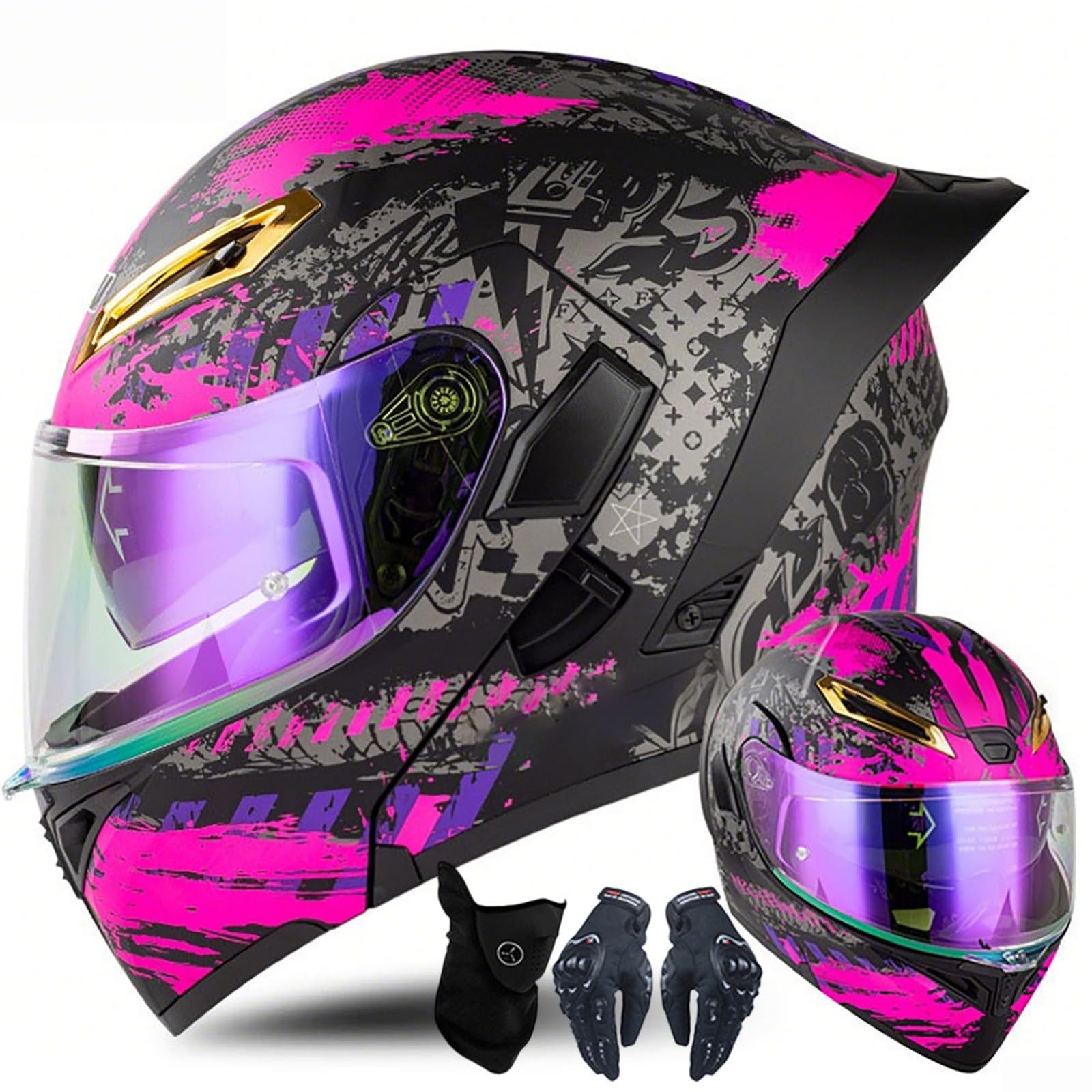 Integralhelme Motorradhelm Klapphelme mit Doppelvisier, Handschuhe und Gesichtsschutz, Männer Frauen Modularhelm, Motorrad Moped Roller Cruiser Chopper Helm, 55-64cm