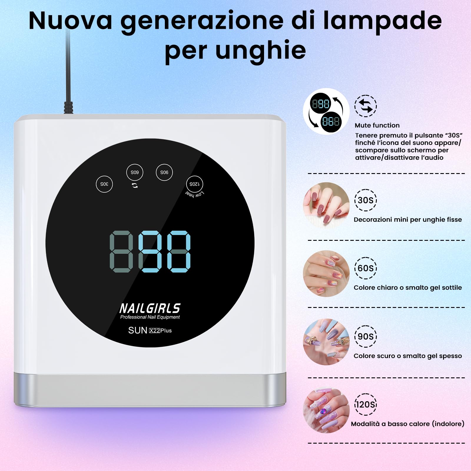 Lampada UV LED Per Unghie NAILGIRLS – 150W, Ricaricabile Wireless, 4 Timer 30-120s, Sensore Automatico, Display Doppio, Per Gel E Semipermanente, Base Removibile