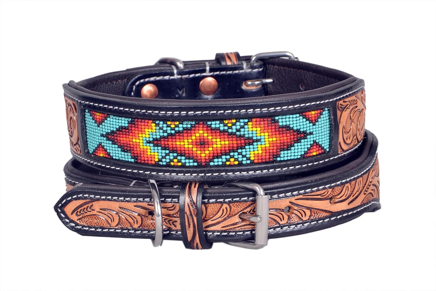 Leather Dog Collar Medium Size Western Style Heavy Duty Hand Tooled Adjustable Beaded and Padded Soft for Puppies and Big Dogs 10IS011-M