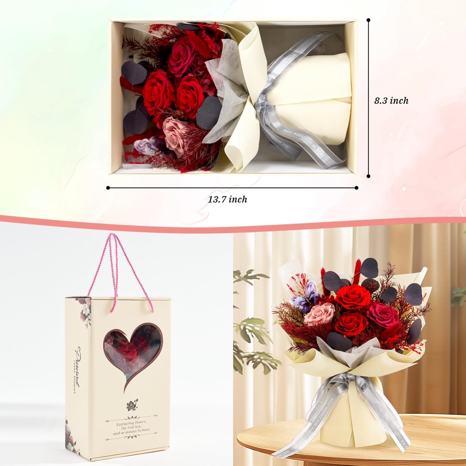 Preserved Flowers Bouquet Roses with Vases,Real Birthday Flowers for Delivery Prime,Forever Glitter Rose Bouquets Kit,Handmade Eternal Rosas Butterfly Gifts for Mom Birthday Women Girl (Red) - Image 5