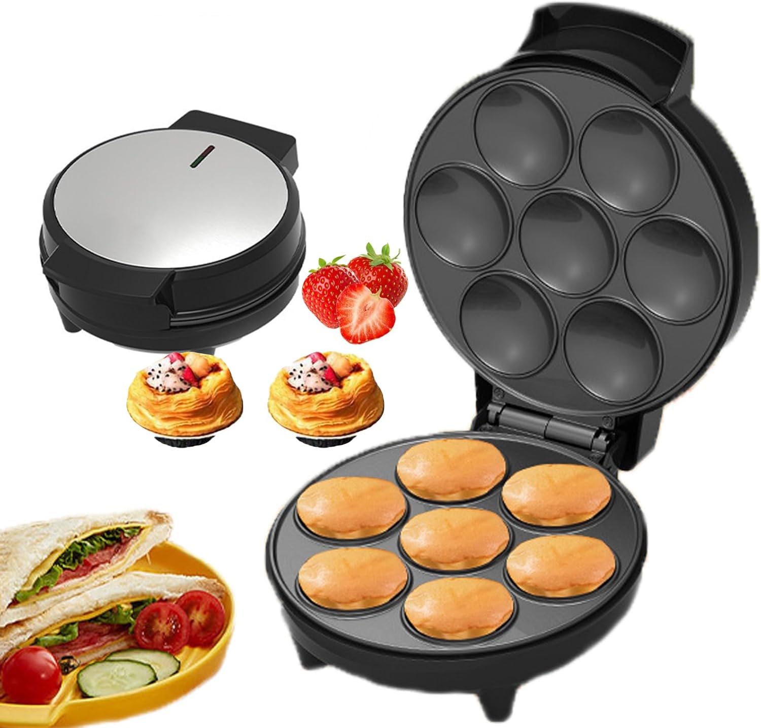 Minimáquina Eléctrica For Hacer Tartas Y Quiches, For Hacer Cupcakes, Con Calefacción Por Ambos Lados, Con Lámpara LED Y Base Antideslizante, For Hornear, Aperitivos Y Postres.