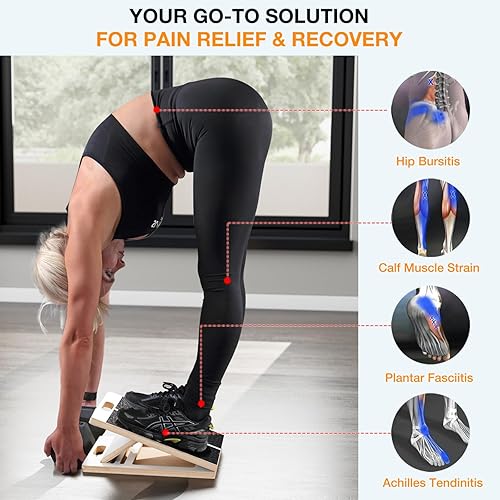 Vista 12 de TEMI Tabla inclinada para estiramiento de pantorrillas – Camilla de cuña inclinada de madera para sentadillas, movilidad de pies y tobillos,