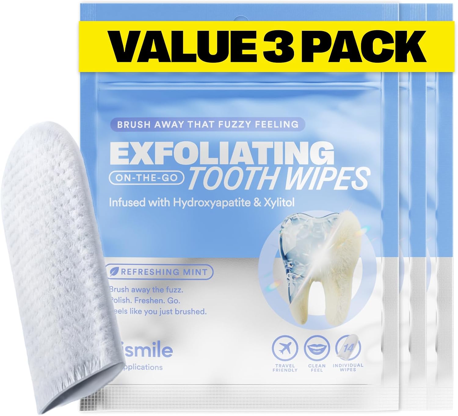 HISMILE Exfoliating Tooth Wipes, Oral Tooth Wipe, Hydroxyapatite and Xylitol Infused Manual Tooth Wipe 14pk (Pack of 3)