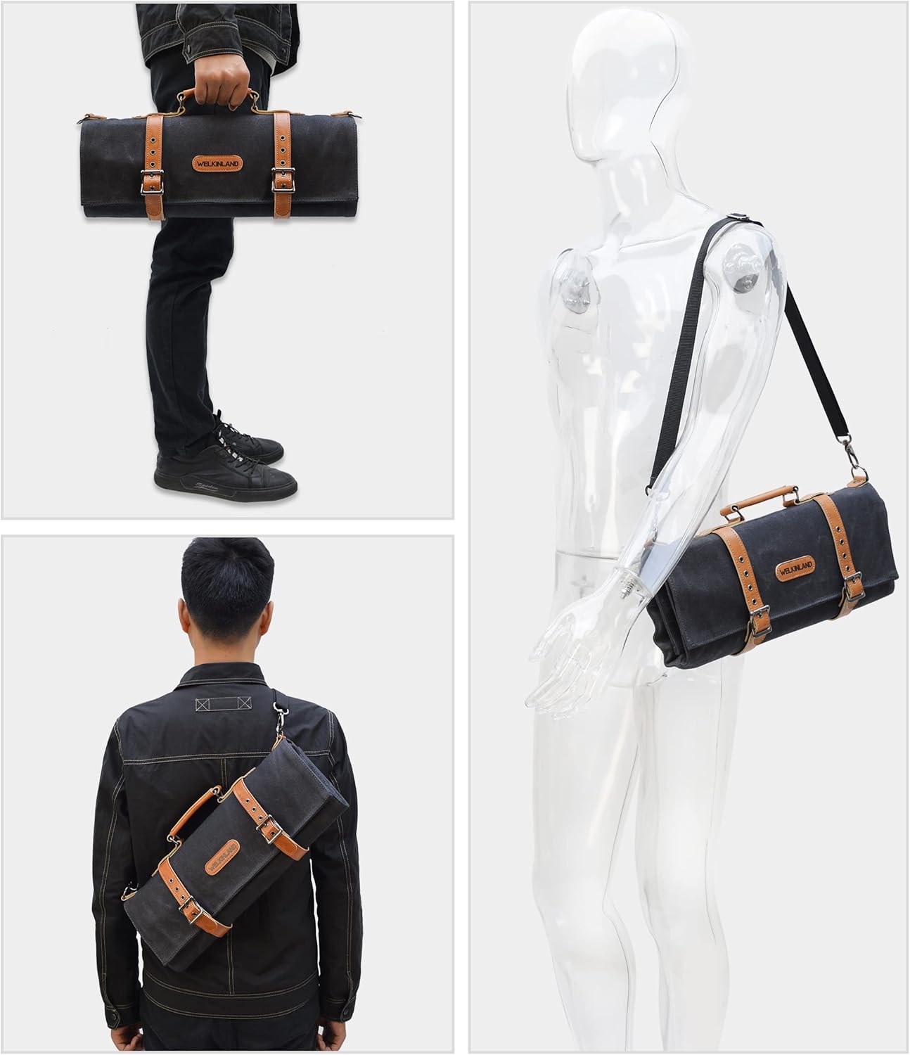 WELKINLAND 14-Pockets Knife Roll, Waxed Canvas Leather Knife Roll, Knifes bag holders, Chef Knife Roll Bag, Chef knife roll, Knife Roll Bag for Pocket Knives