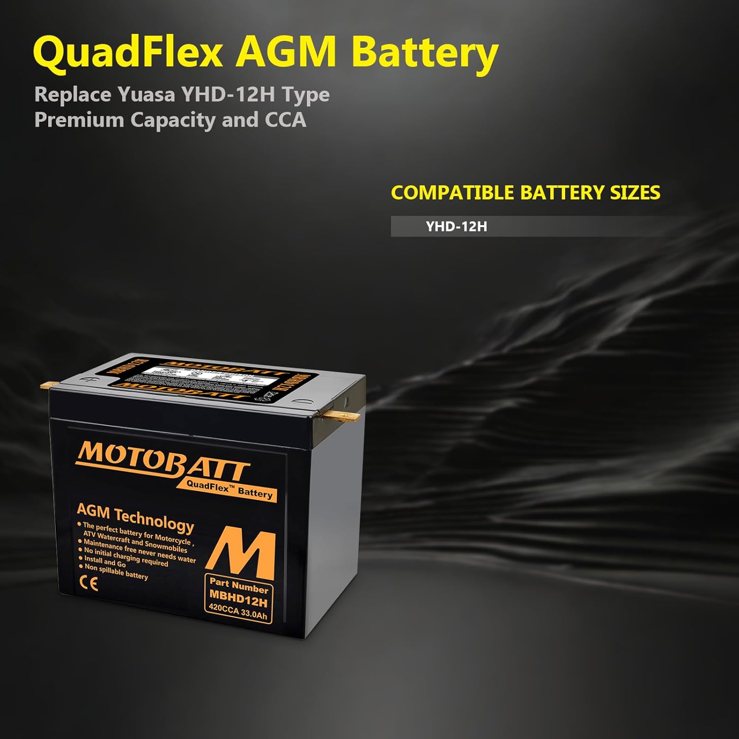 MotoBatt 12 Volt 33 Ah MBHD12H Sealed Maintenance Free AGM Battery Replaces - YHD-12H