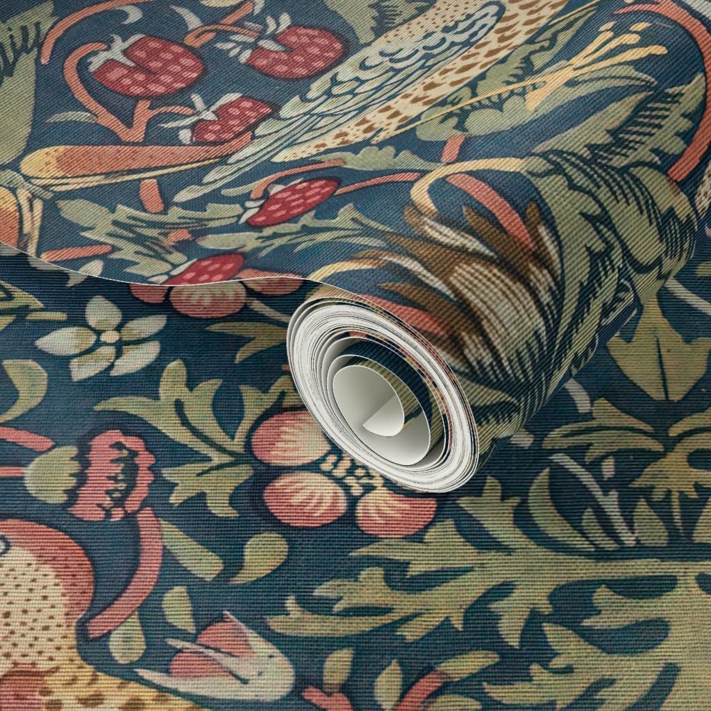 Spoonflower Peel & Stick Wallpaper 9ft x 2ft - Strawberry Thief,William Morris,Floral Vintage,Arts and Crafts,Historical,English Cottage,Victorian Custom Removable Wallpaper