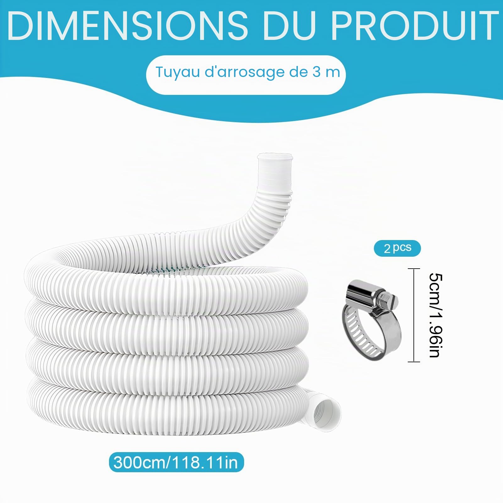 Tuyau pour raccords de piscine 300cm,Pour les raccords de piscine hors sol.Tuyau de rechange pour pompe de piscine.Raccord pour tuyau de filtre(blanc)