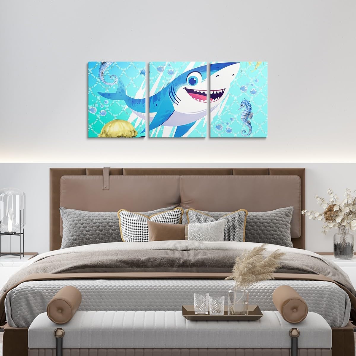 Feelyou Cartoon Cute Shark Canvas Wall Art Shark Blue Sea Ocean Wall Art Painting The Picture Print On Canvas Coastal Nautical Beach Animal Pictures for Living Room Home Decor Sea Decoration Gift 3pcs