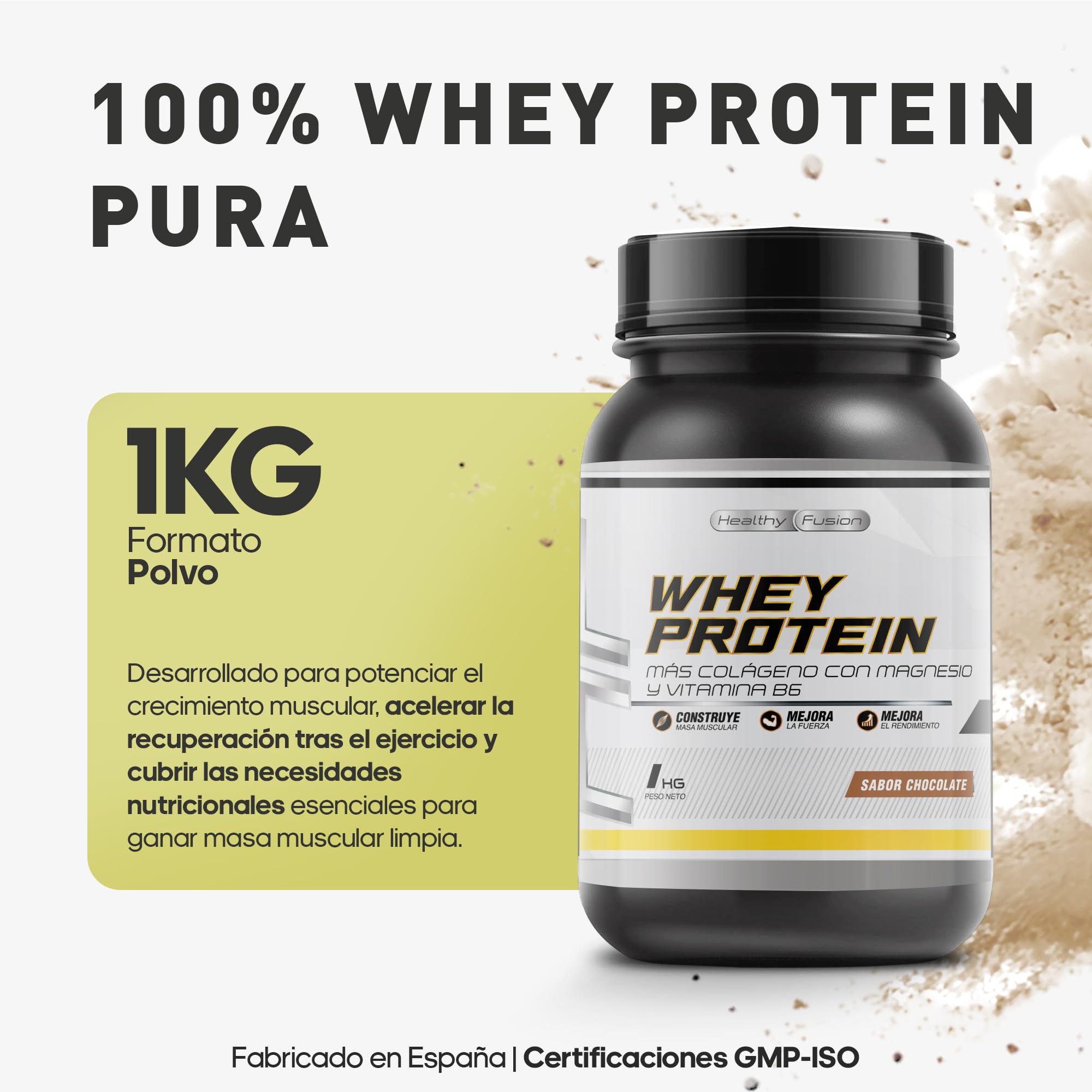 Whey Protein 1KG | 43g Proteína/dosis | Proteína en polvo, BCAA, Glutamina, Colágeno, Magnesio y Vitamina B6 | Aumenta Masa Muscular, Fuerza, Recuperación | Alta Disolución, Fácil Digestión Chocolate