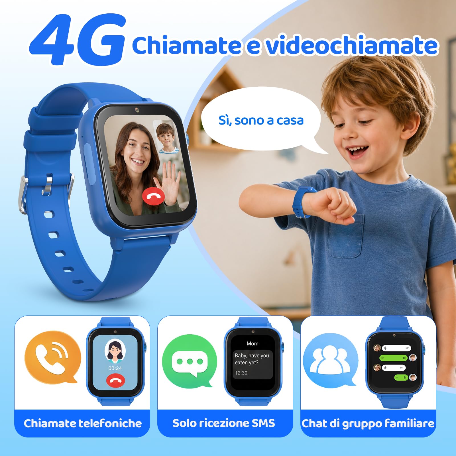 CHAKEYAKE Smartwatch per Bambini, 4G Chiamate Vocali e Video con GPS, IP67, funzione SOS, Monitoraggio del Sonno, Sveglia, Modalità Scuola, Schermo Touch HD da 1,83" Regalo per Bambini 4-12 Anni, Blu