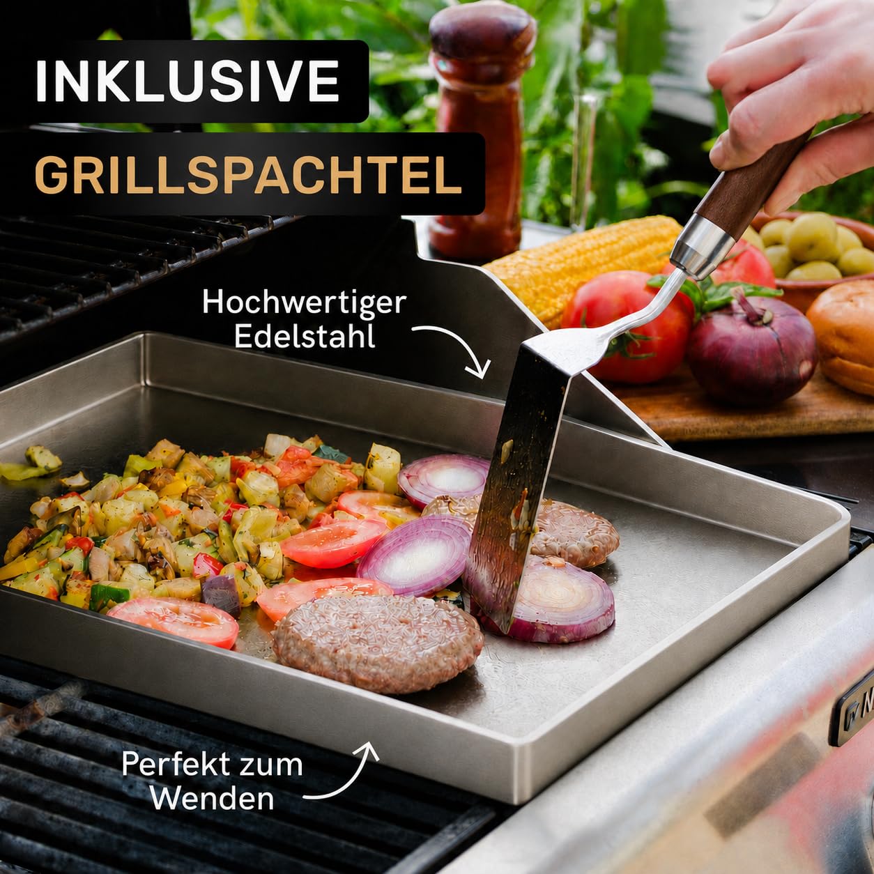 AMZBBQ® Premium Plancha Set - 40 x 30 cm - ca. 5 mm massiver Edelstahl - 20% stärker als herkömmliche Planchas - Grillplatte für Gas & Kohlegrill - Grillzubehör Geschenk für Männer inkl. Grillspachtel