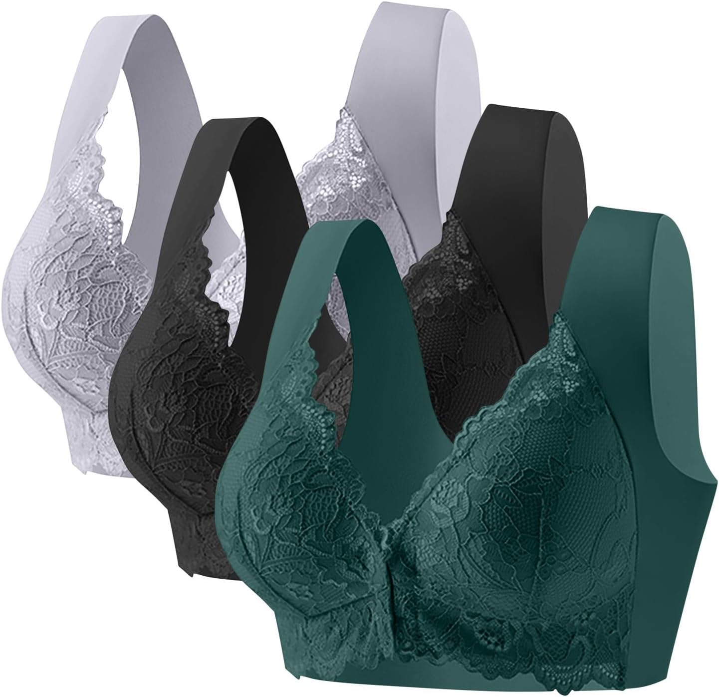 Bras for Women Multipack 3 Pack Non Wired Front Fastening Bras Push Up No Underwire Plus Size Bra Comfy Wireless Soft Tshirts Bra for Elderly Comfort Full Coverage Bralettes