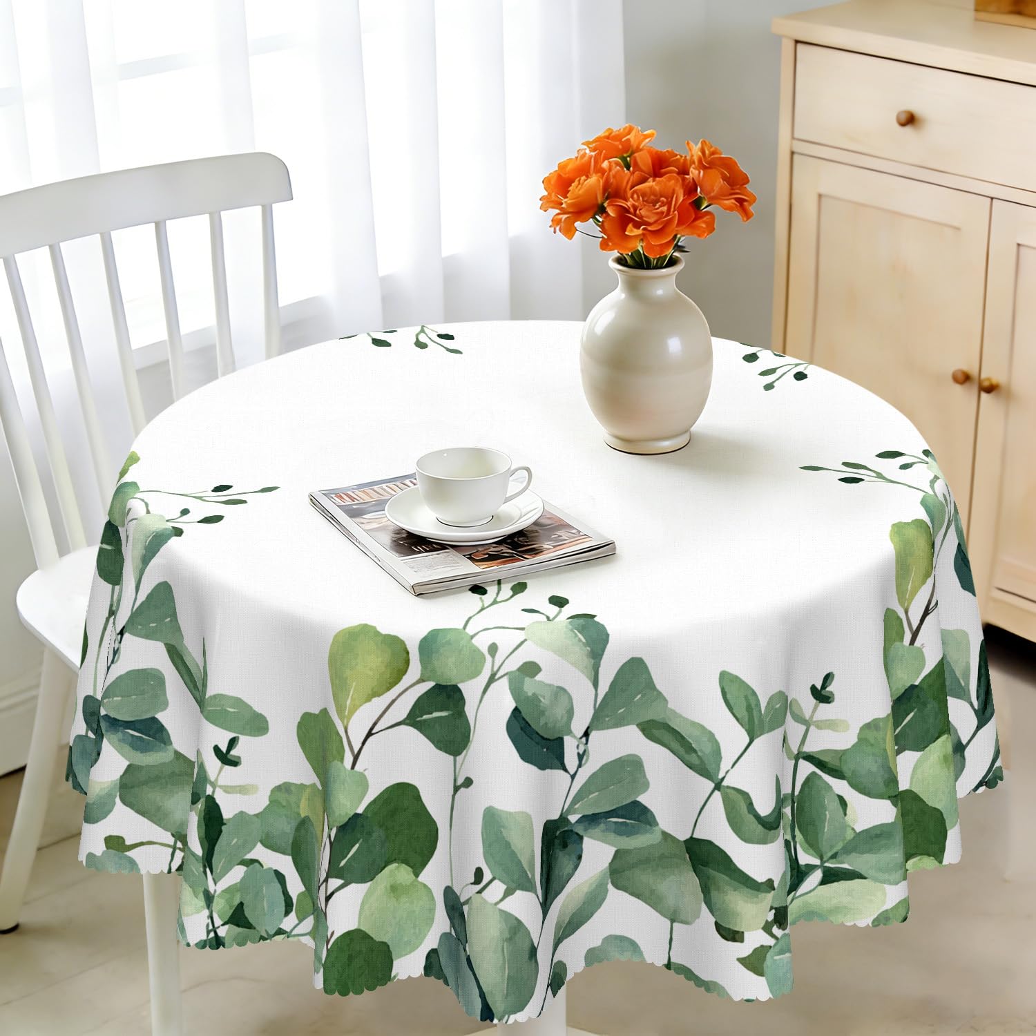 Ievery Eucalyptus Leaves Round Tablecloth 150Cm Wipe Clean Table Cloth Eucalyptus Floral Wipeable Tablecloth Polyester Waterpoof Washable Table Cover For Home Dining Kitchen Party Outdoor